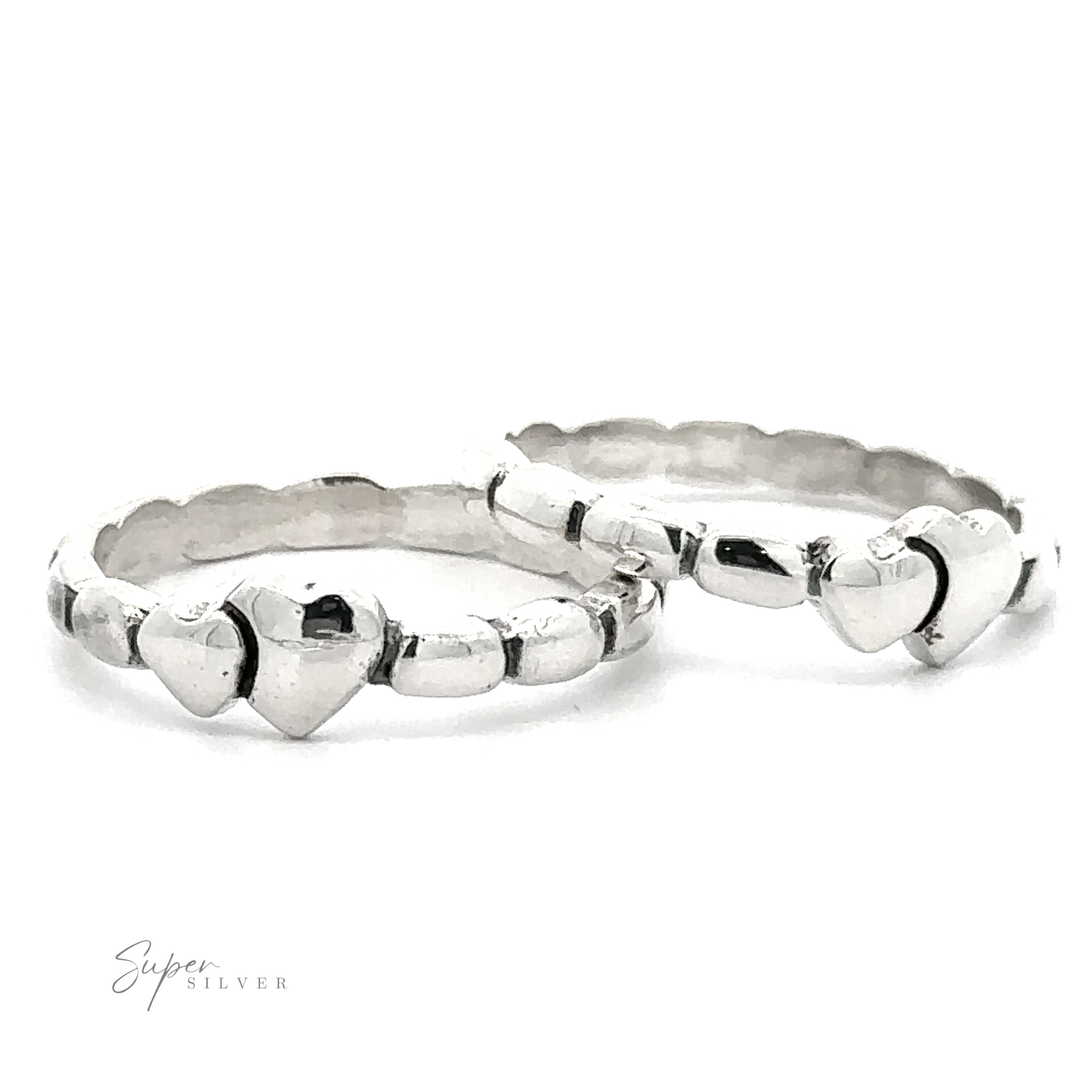 Two Dainty Double Heart Band bracelets on a white background with the text "super silver" at the bottom.
