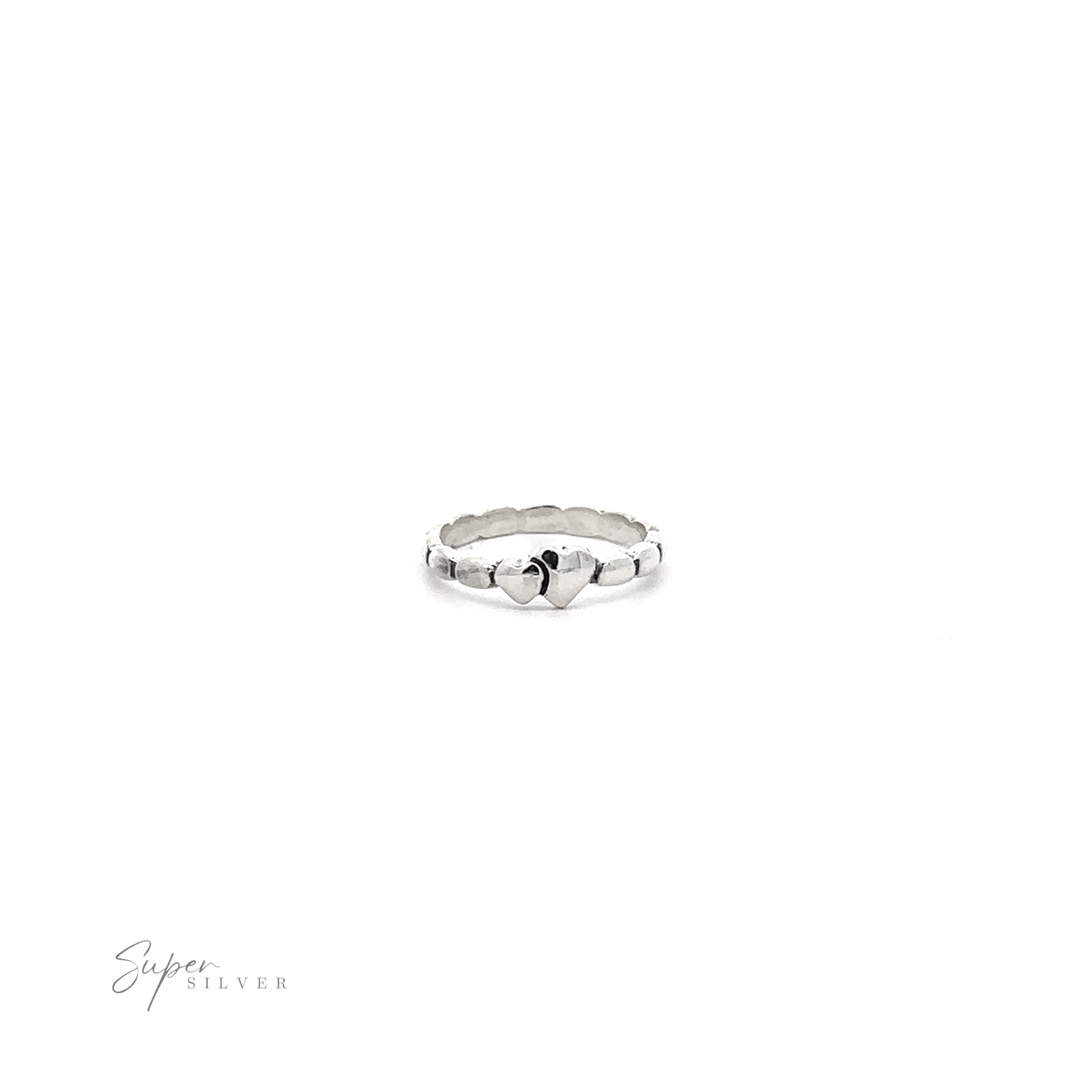 A Dainty Double Heart Band with a claddagh design displayed on a white background. The text "super silver" is written in a stylized font below the ring.