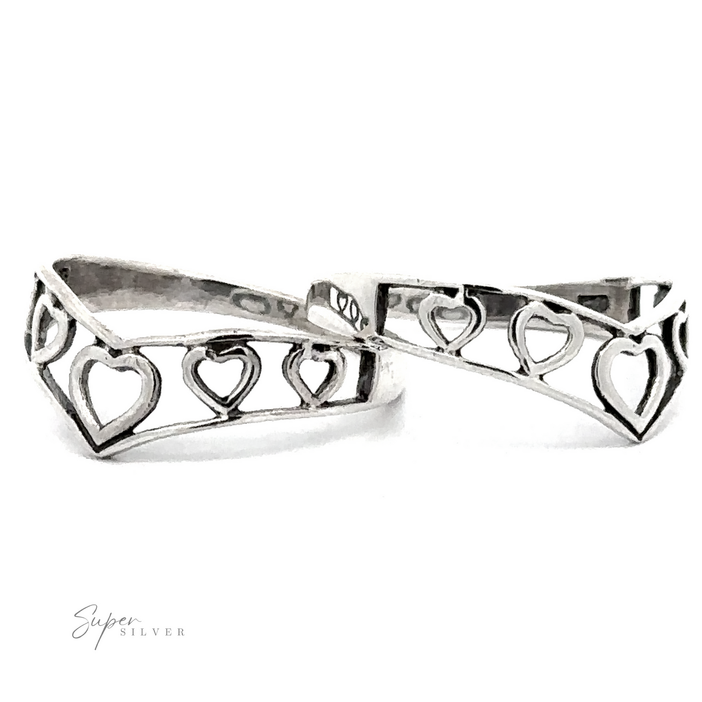 Sterling Silver Chevron Shaped Open Heart Band with a cut-out design, shown in two pieces on a white background.