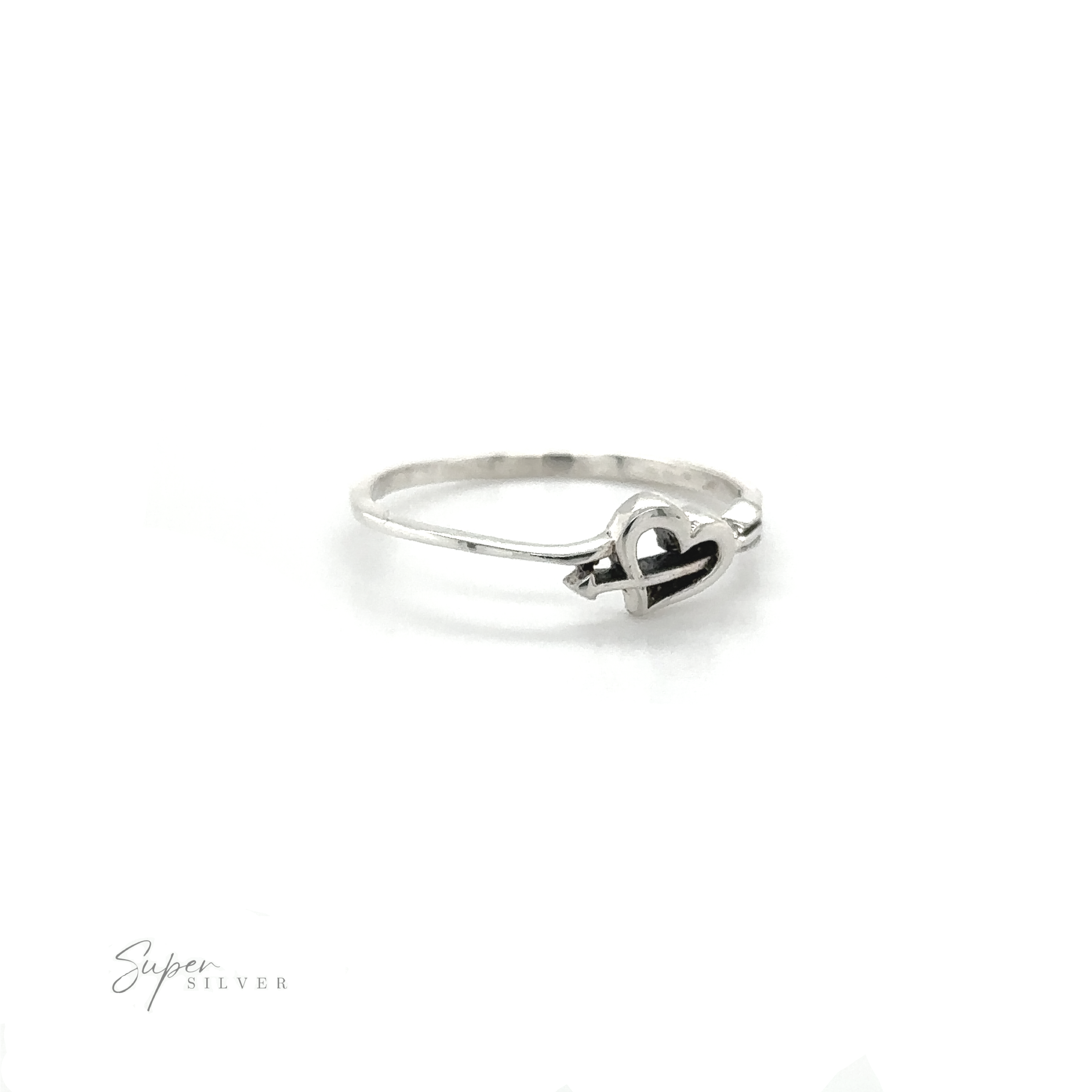 A silver Cupid's Arrow Heart Ring featuring a black and white heart symbolizing love.