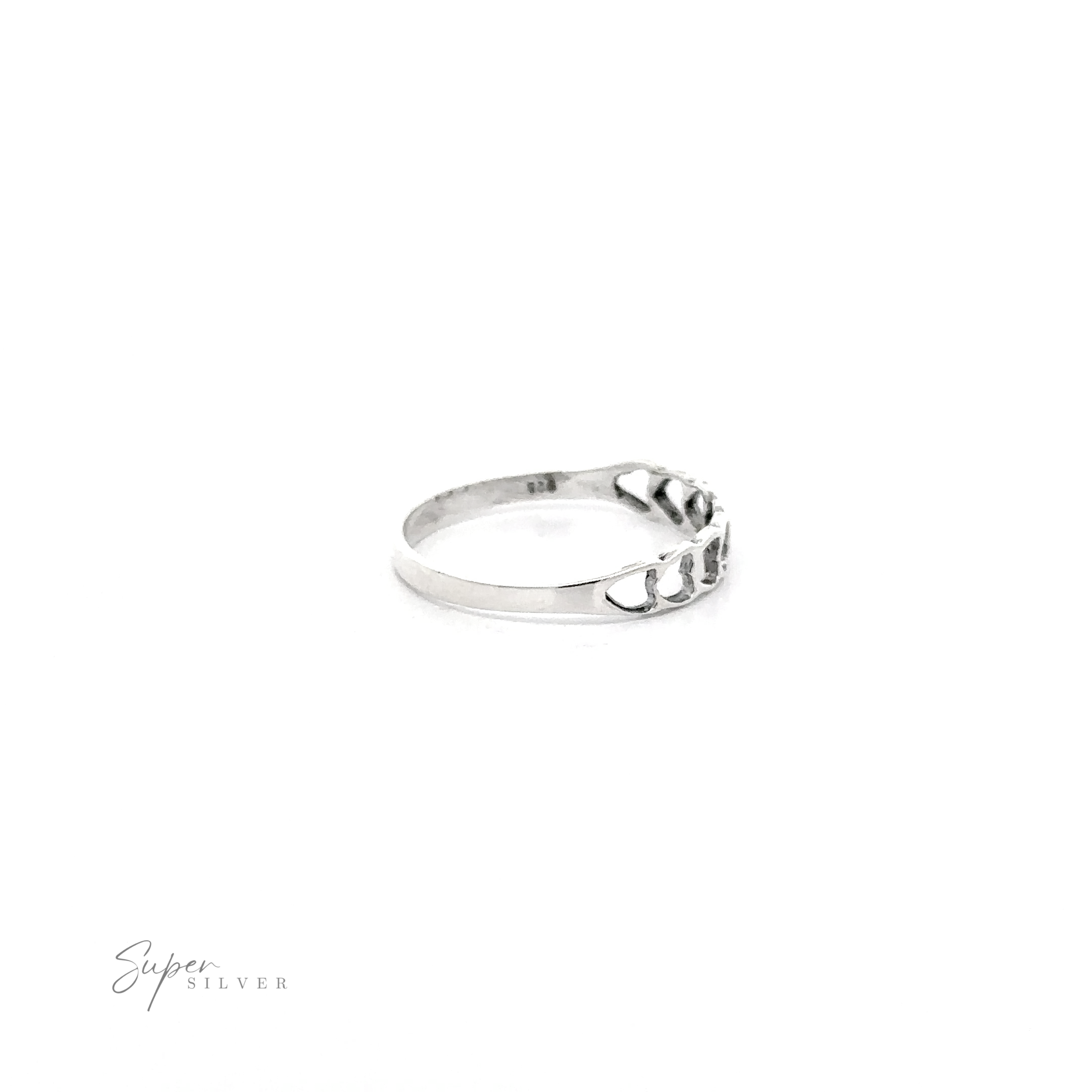 A Delicate Heart Cutout Band with a chain-link design detail on a white background. The text "super silver" is written in stylish script at the bottom.