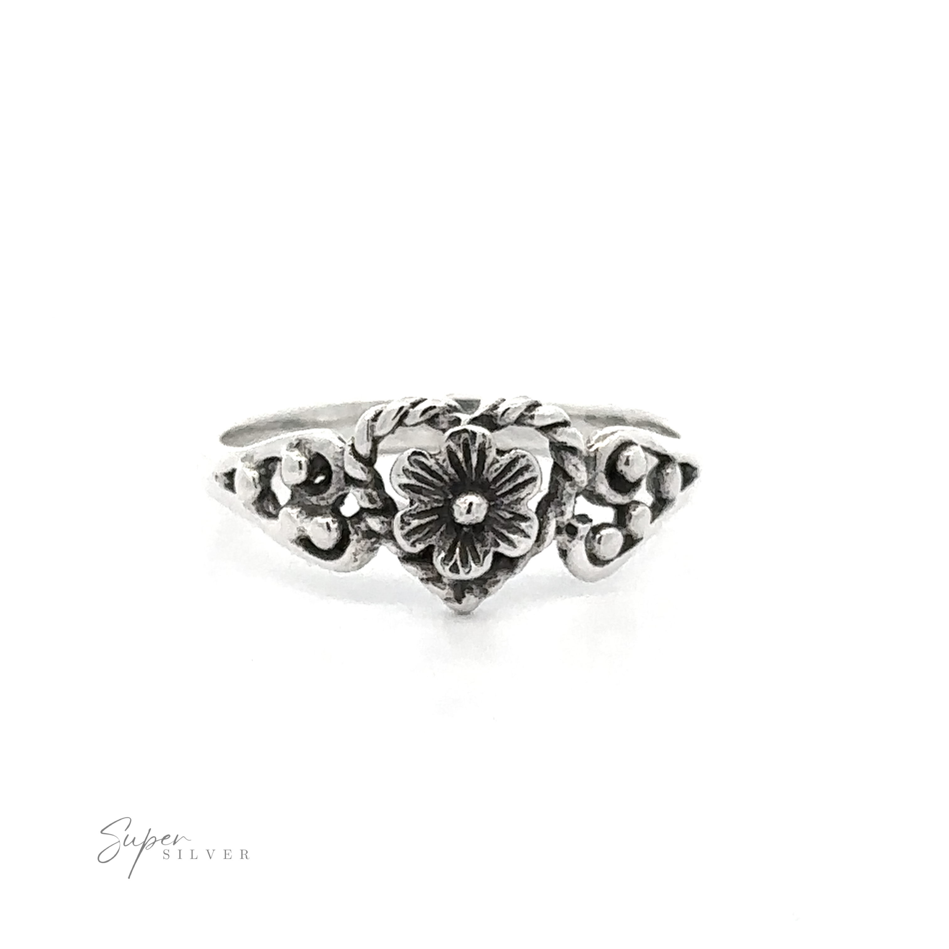 Twisted Heart Outline Ring with Floral Detailing featuring a flower design, positioned centrally on a white background with "super silver" signature visible at the bottom.