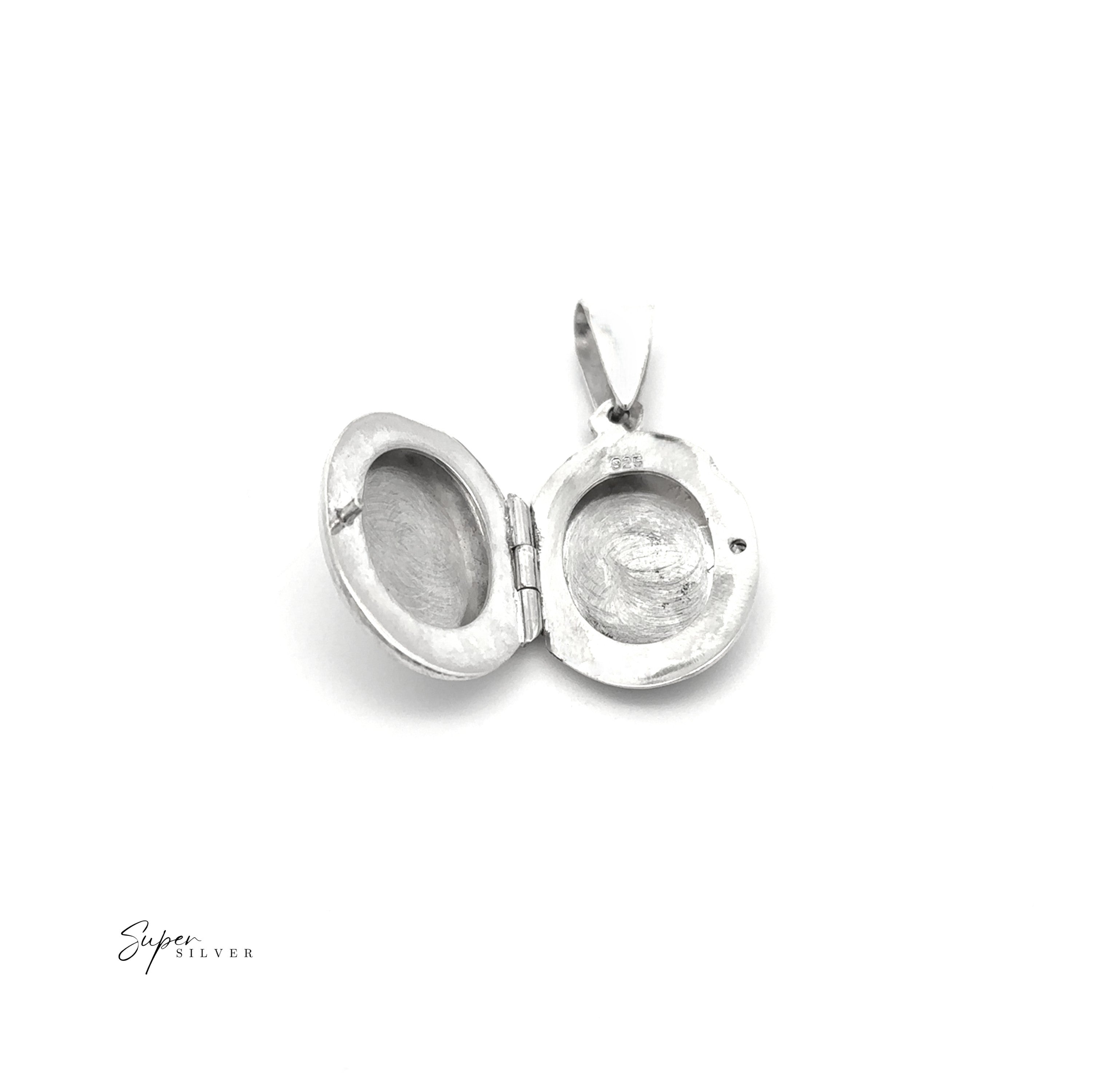 The Oval Locket with Vine Pattern is a hinged, open sterling silver pendant with a bail, ideal as a photo keepsake and shown on a white background.