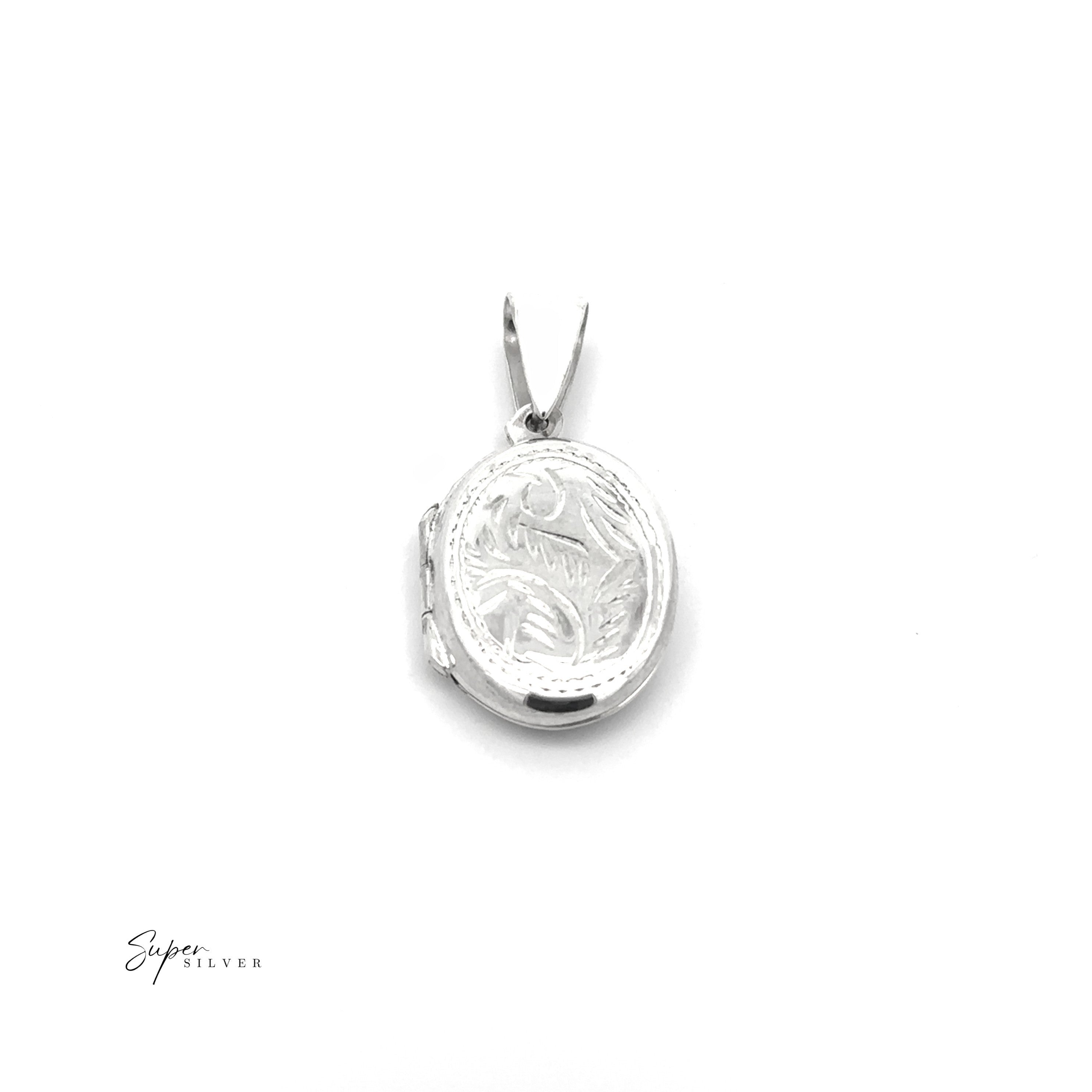 The Oval Locket with Vine Pattern is a sterling silver, oval-shaped pendant featuring engraved vines, ideal for photo keepsakes, displayed on a plain white background.