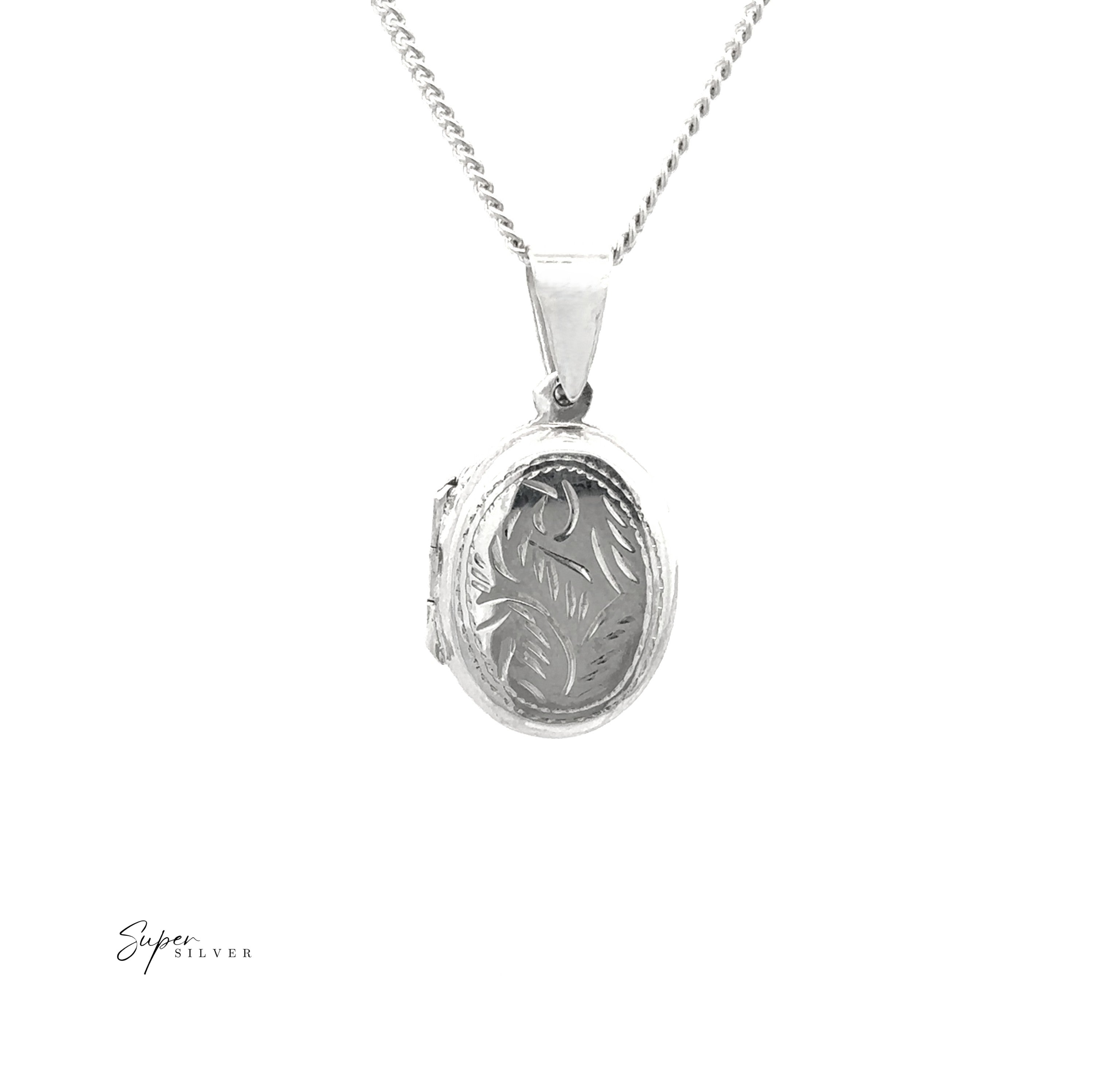 Oval Locket with Vine Pattern—an elegant sterling silver oval locket pendant featuring a detailed vine engraving, suspended on a fine silver chain for a timeless photo keepsake and classic vintage style.