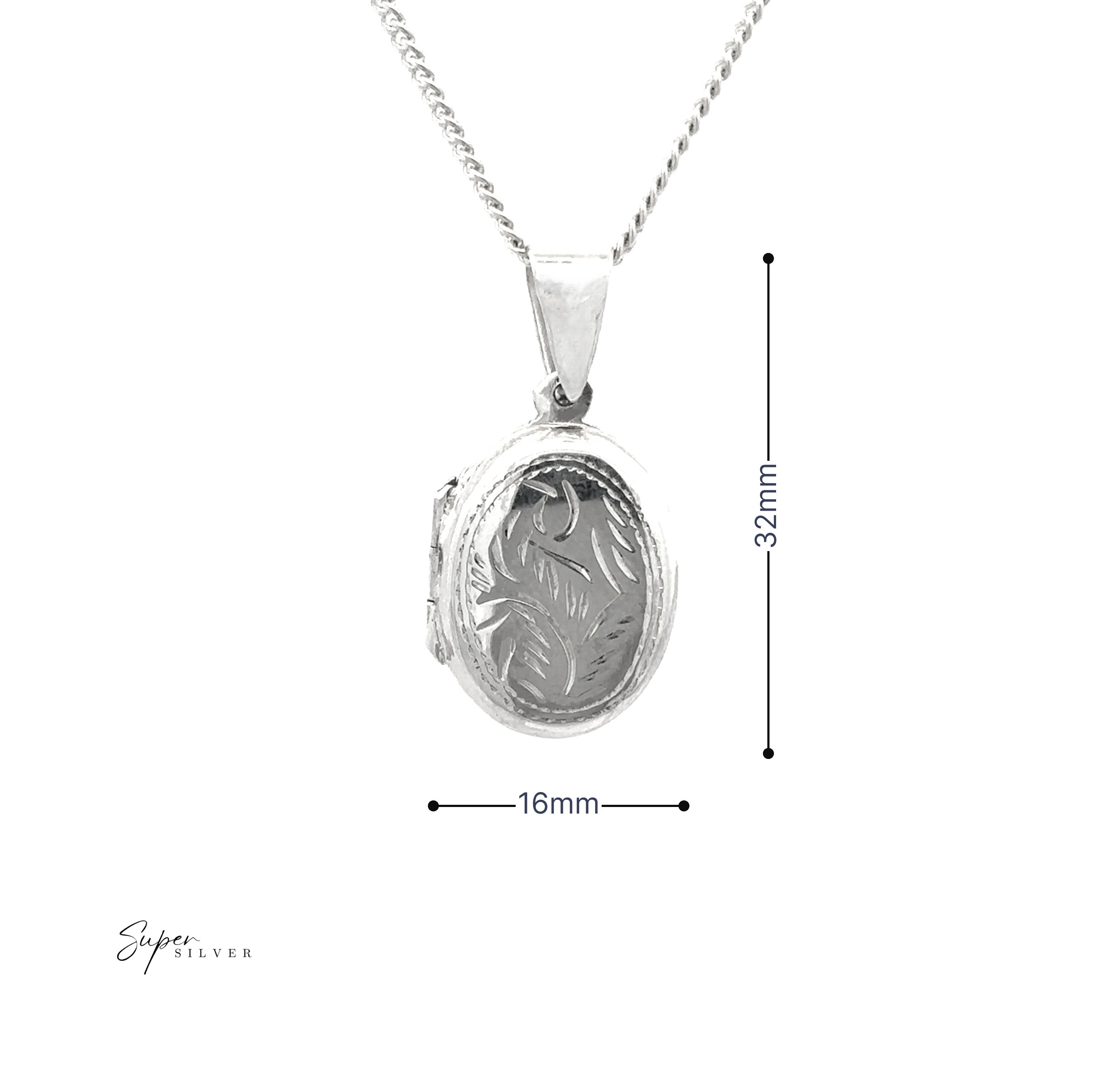 The Oval Locket with Vine Pattern, crafted in sterling silver and measuring 32mm by 16mm, is shown on a chain against a white background—a timeless photo keepsake for preserving special memories.