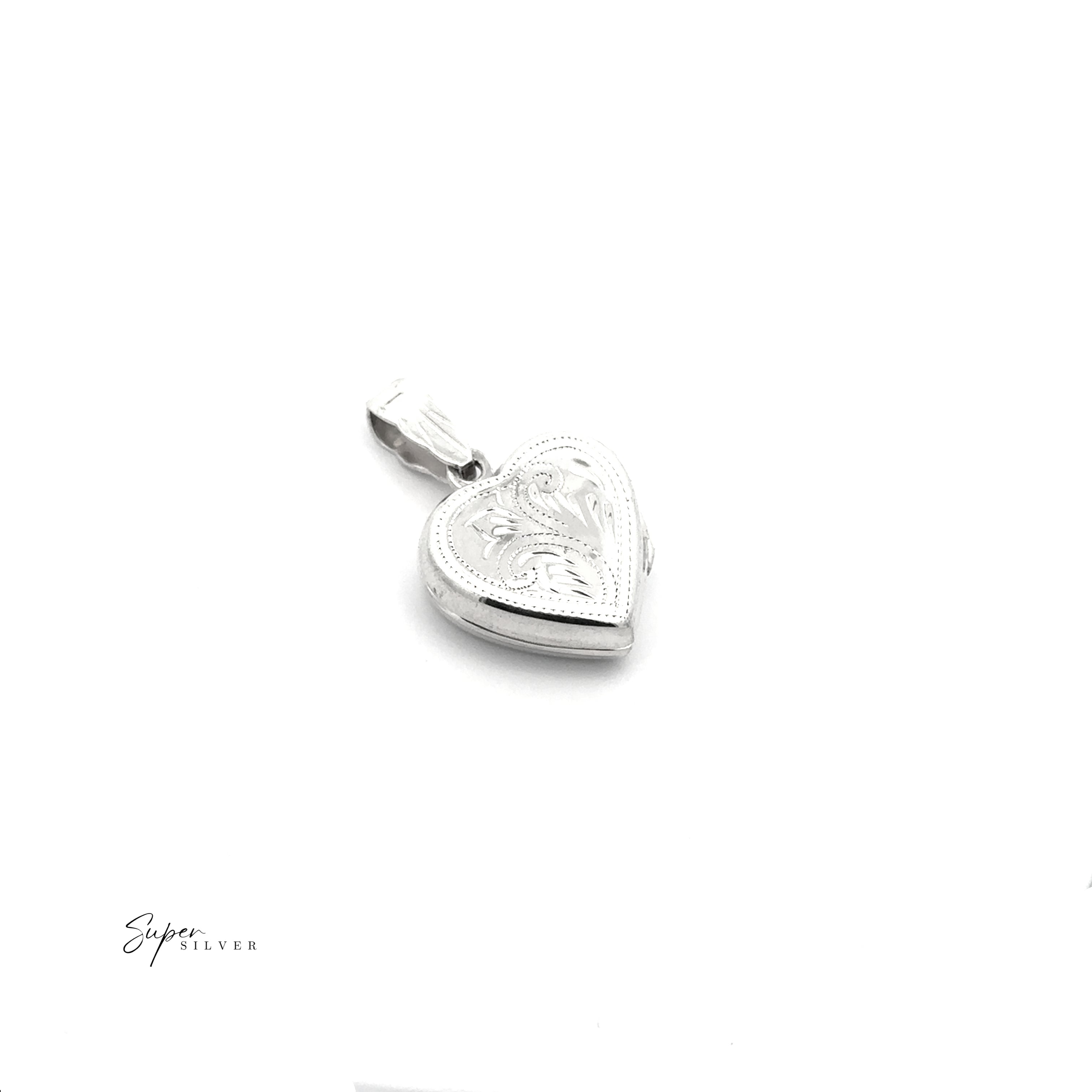 Tiny Heart-Shaped Lockets with Filigree Etching, displayed against a white background, add classic elegance. “Super Silver” appears in the lower left corner.