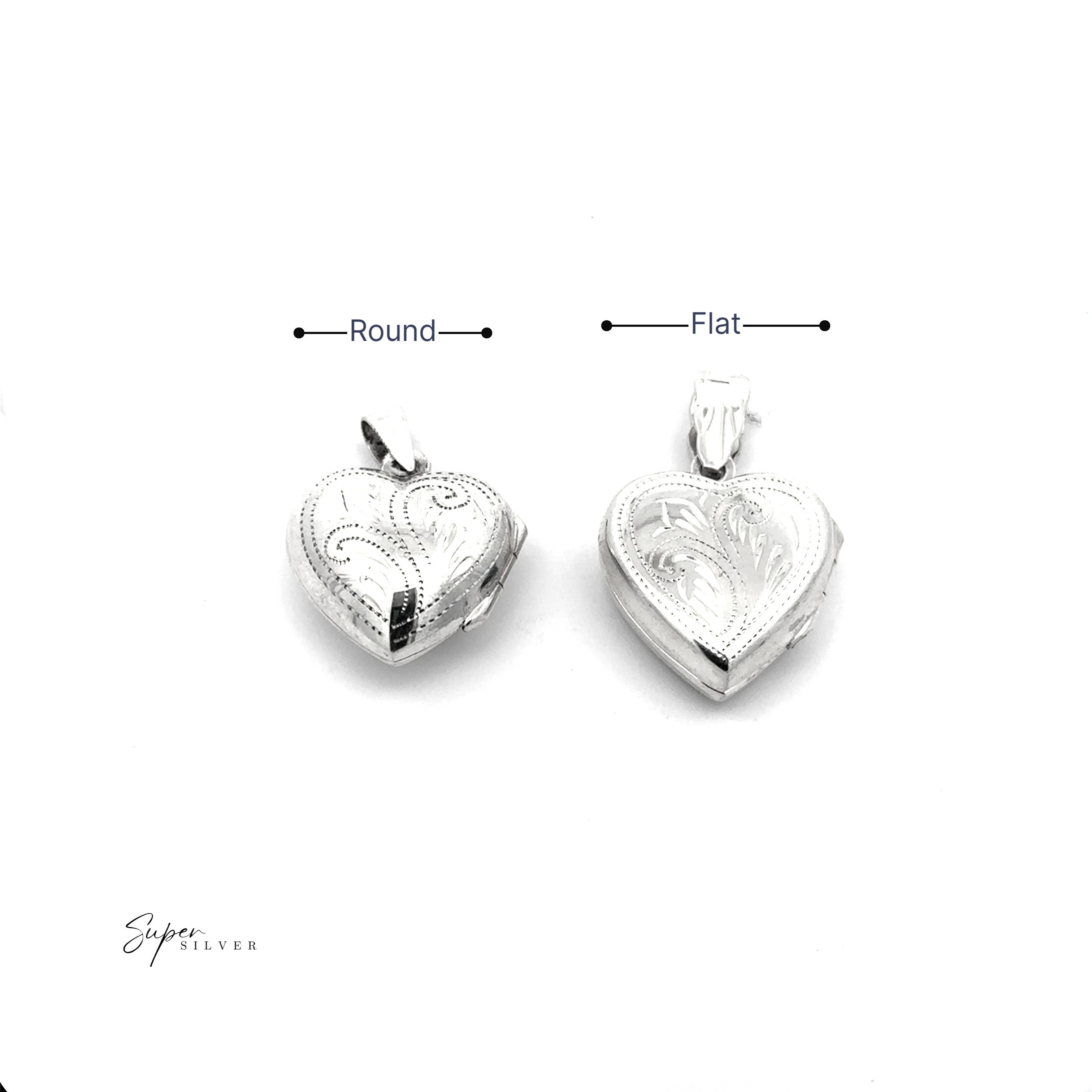 Two Tiny Heart-Shaped Lockets with Filigree Etching are shown: the left is “Round” with a curved profile, while the right is “Flat,” featuring a petite locket design. Both exude timeless elegance in sterling silver.