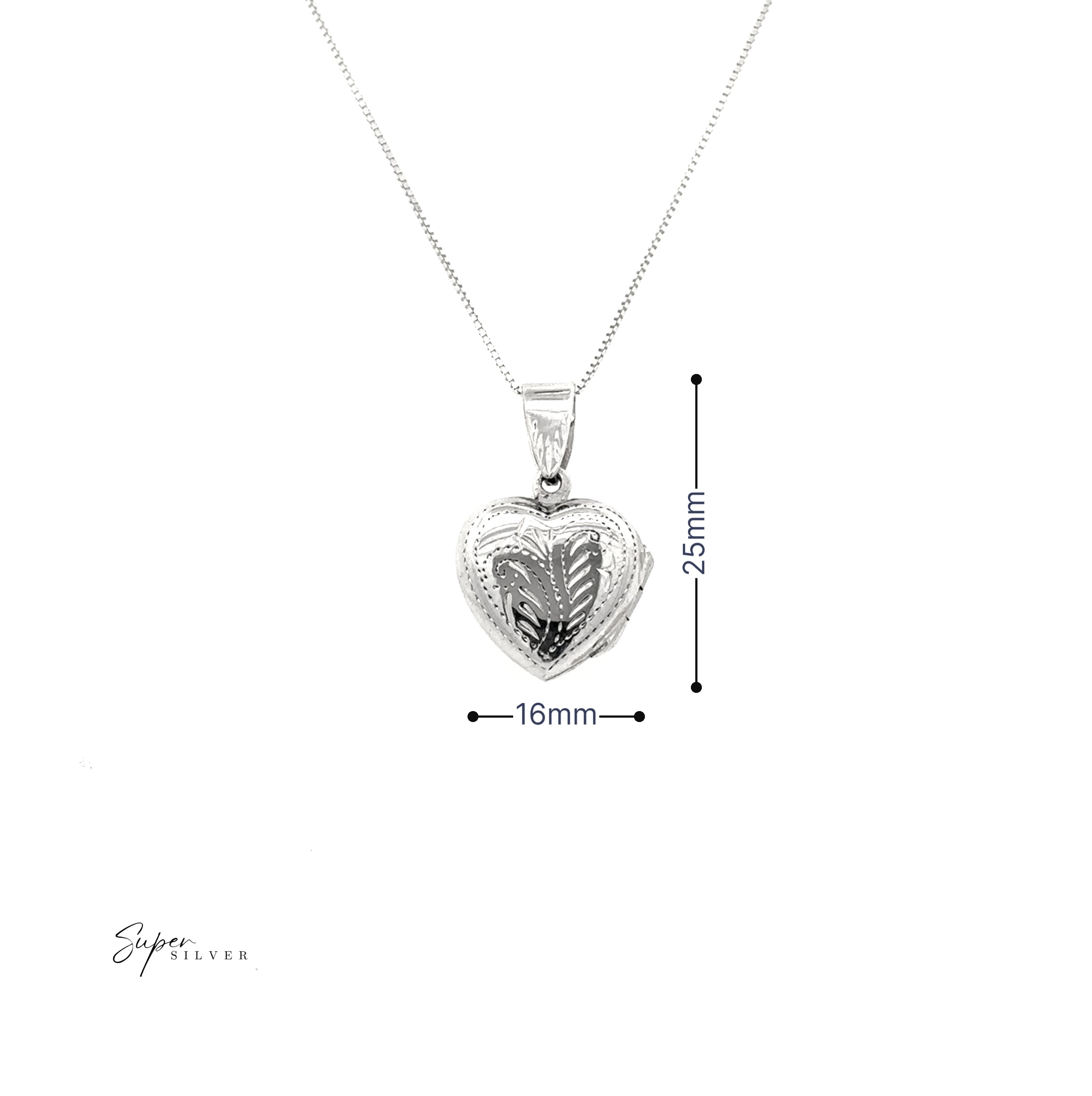 Tiny Heart-Shaped Lockets with Filigree Etching, crafted in sterling silver, measure 25mm high by 16mm wide and are showcased on a white background—an elegant accessory for any occasion.