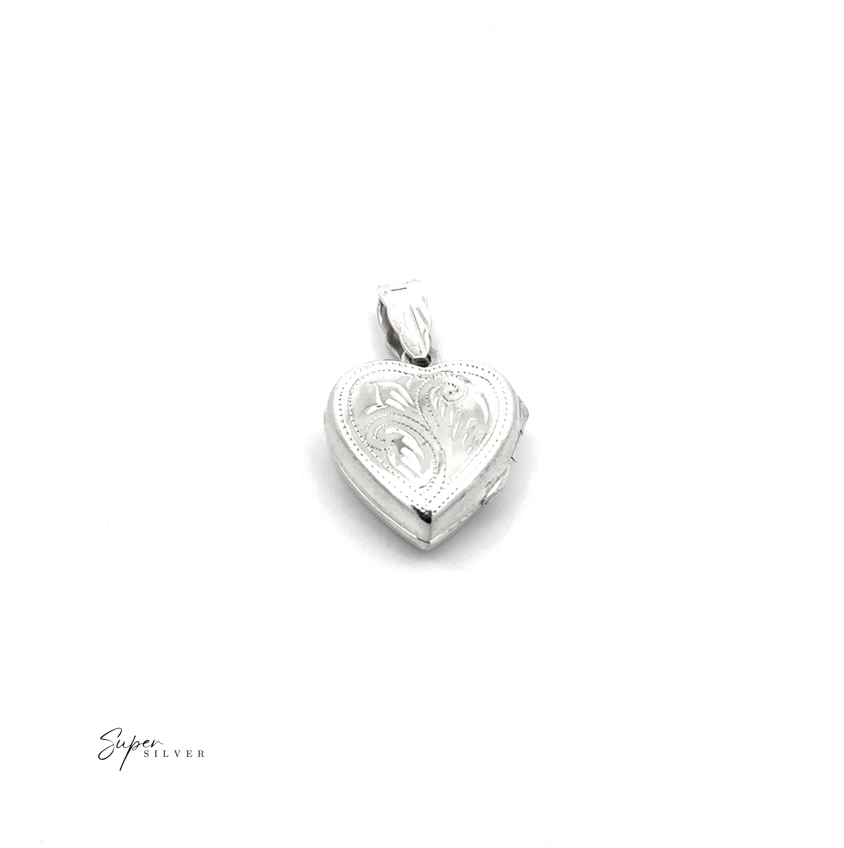 Tiny Heart-Shaped Lockets with Filigree Etching, featuring ornate engravings, are displayed on a white background. The "Super Silver" logo appears in the bottom left corner.