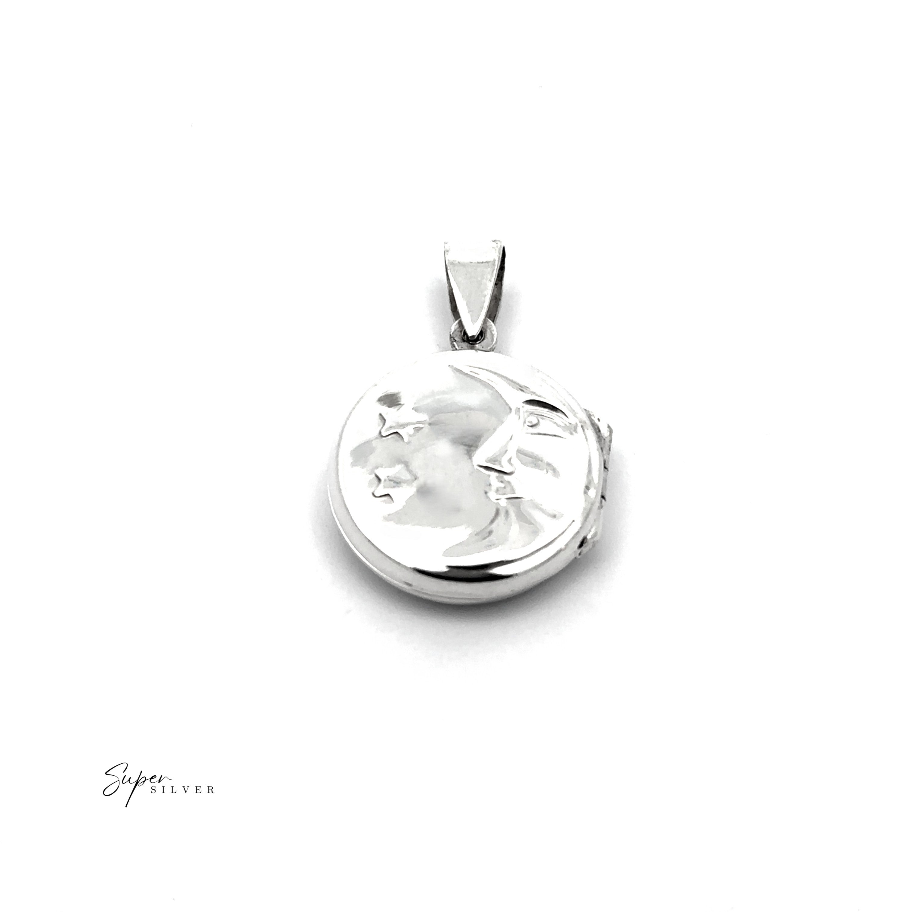 The Starry Whisper Locket, a sterling silver necklace with a round pendant engraved with a crescent moon and stars, embodies celestial beauty against a white background.