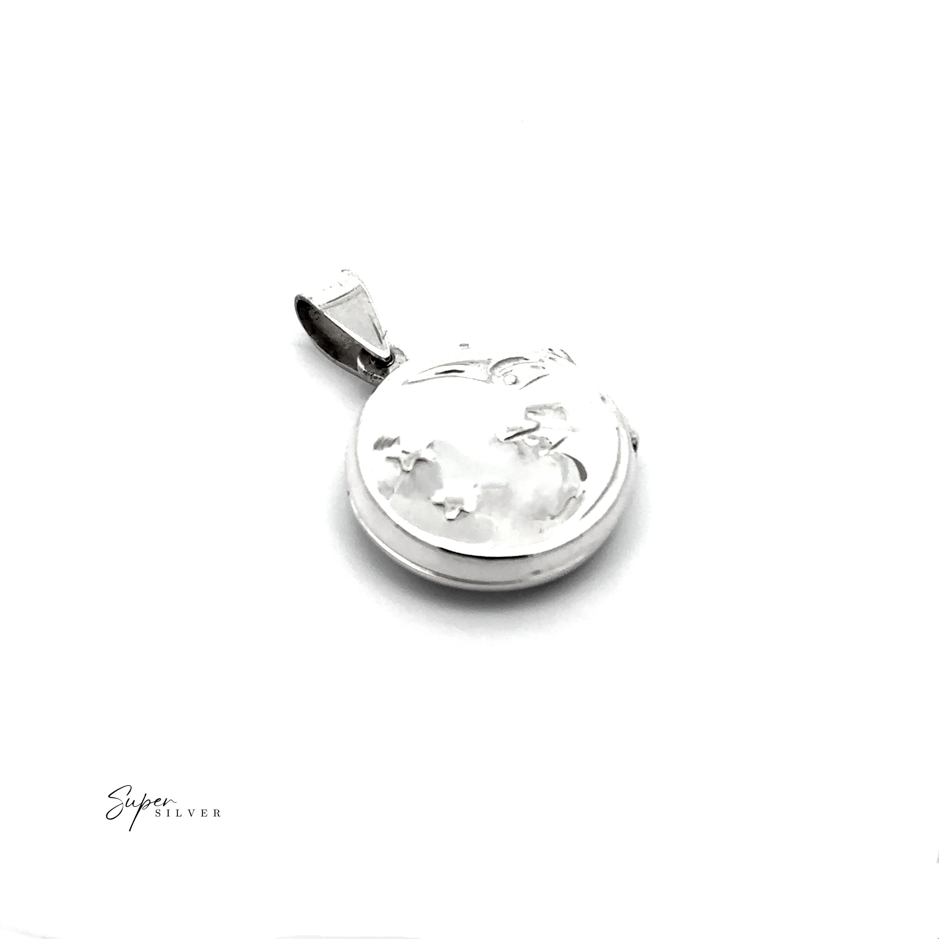 The Starry Whisper Locket is a round sterling silver necklace pendant featuring raised star and crescent moon designs, displayed on a white background. "Super Silver" is shown in the lower left corner, highlighting this celestial jewelry piece.