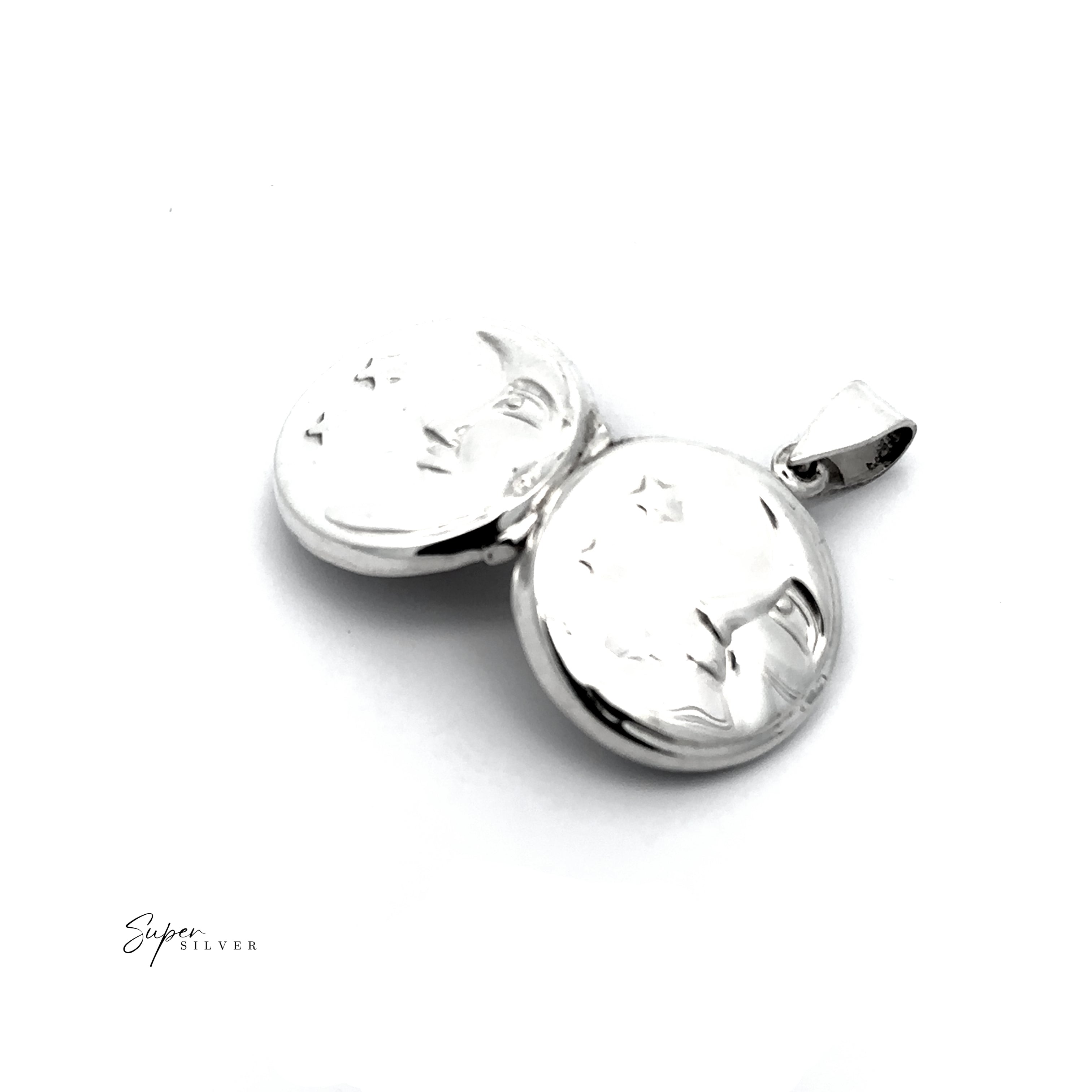 The Starry Whisper Locket, a round sterling silver necklace pendant, is open to reveal both sides against a white background with "Super Silver" in the corner—a stunning piece of celestial jewelry.