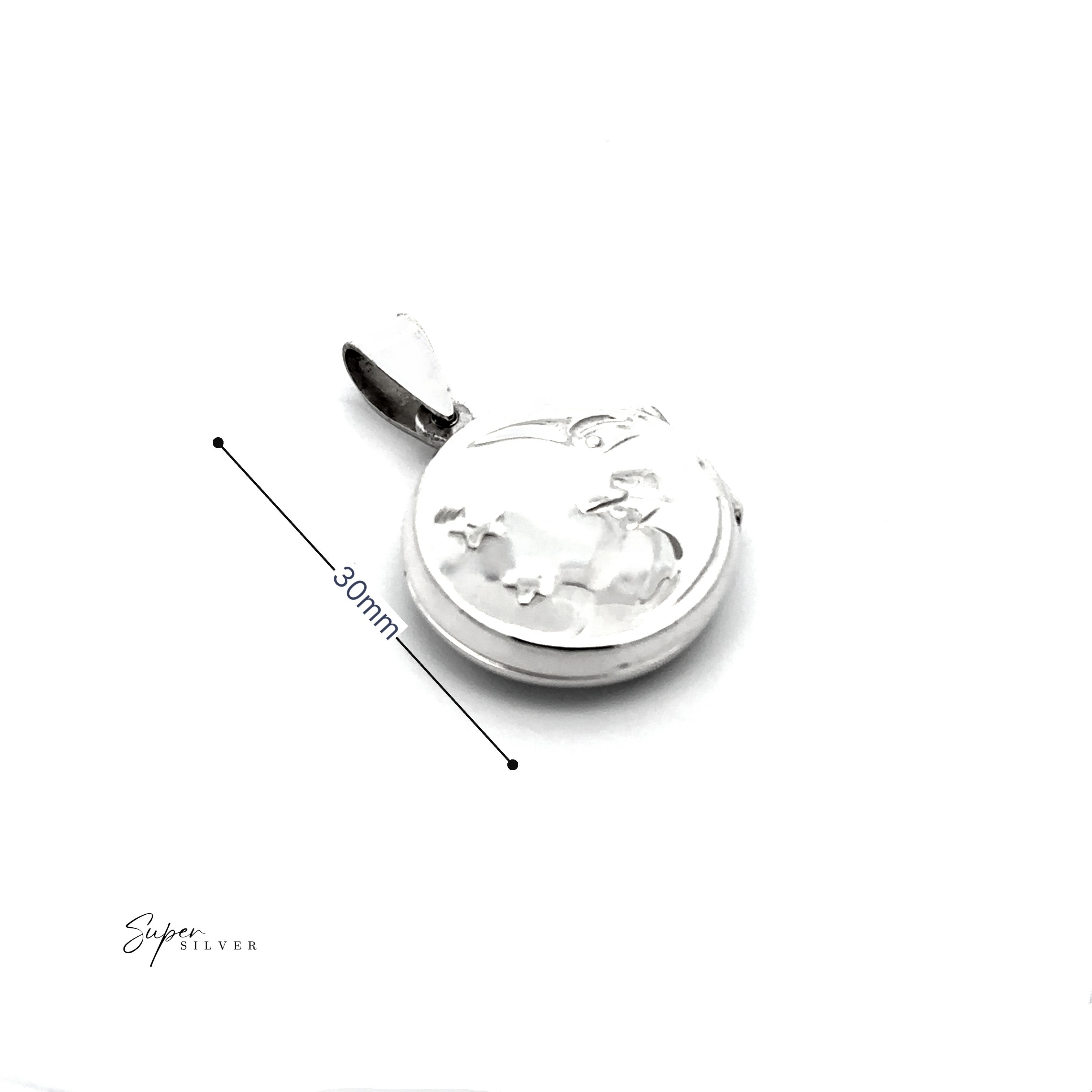 The Starry Whisper Locket is a sterling silver necklace with a raised crab design, measuring 30mm and photographed on a white background—a unique celestial jewelry piece.