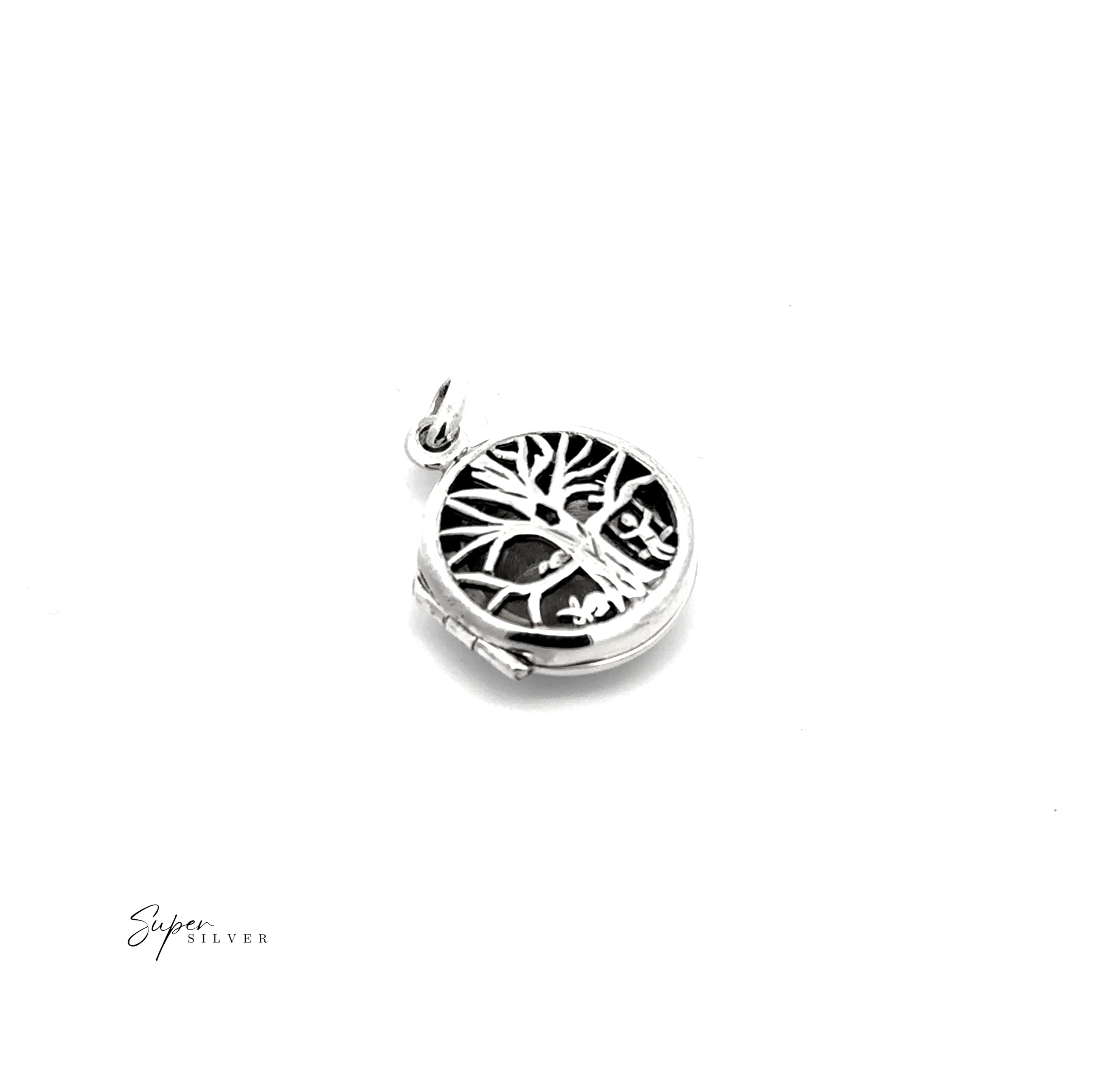 A round .925 sterling silver Tree Locket with Swinging Child pendant is shown on a white background. The text "Super Silver" appears in the lower left, emphasizing this elegant and timeless jewelry piece.