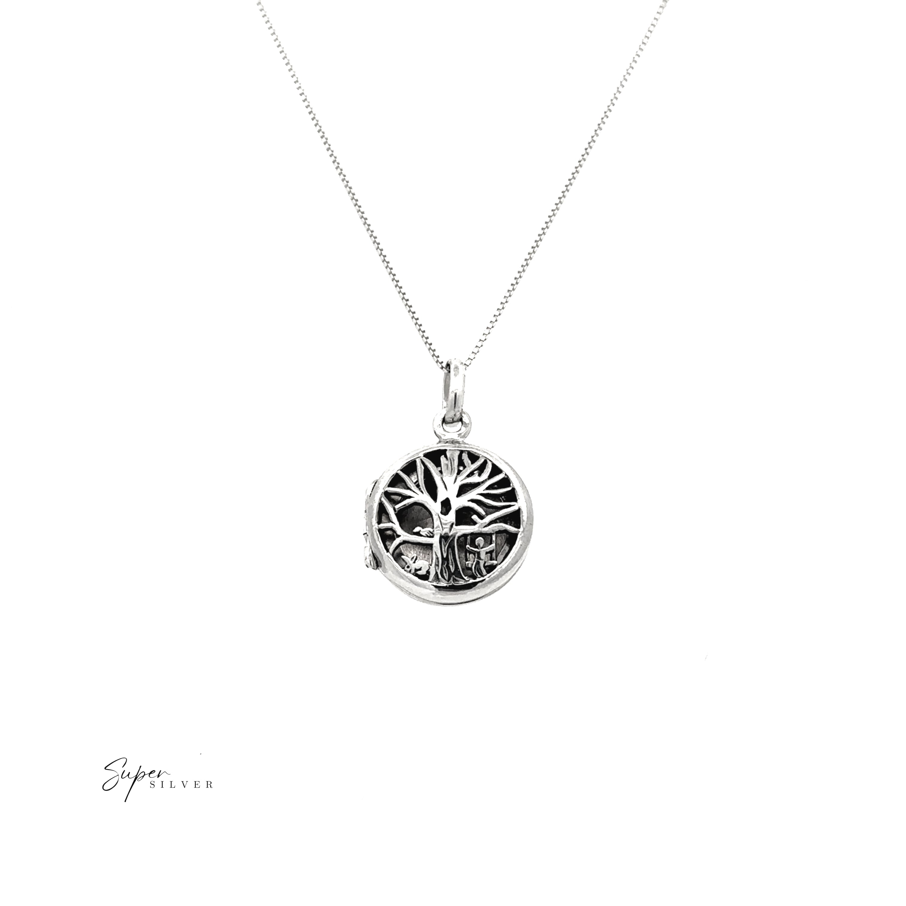 The Tree Locket with Swinging Child is a .925 sterling silver necklace featuring a round tree of life pendant on a fine chain, elegantly photographed on a white background.