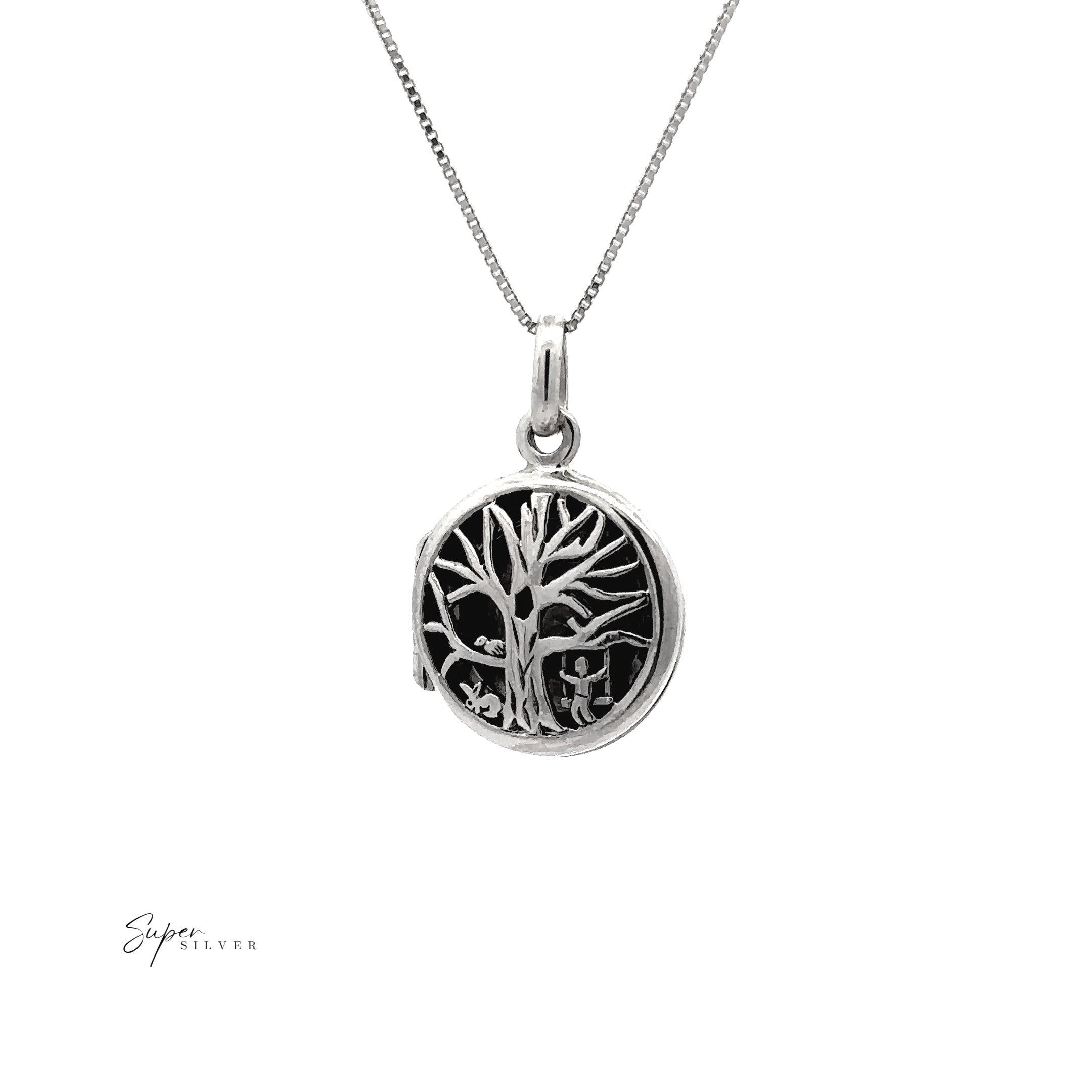 The Tree Locket with Swinging Child is a .925 sterling silver necklace featuring a round locket pendant with a tree of life design on a fine chain, shown on a white background—a timeless jewelry piece.