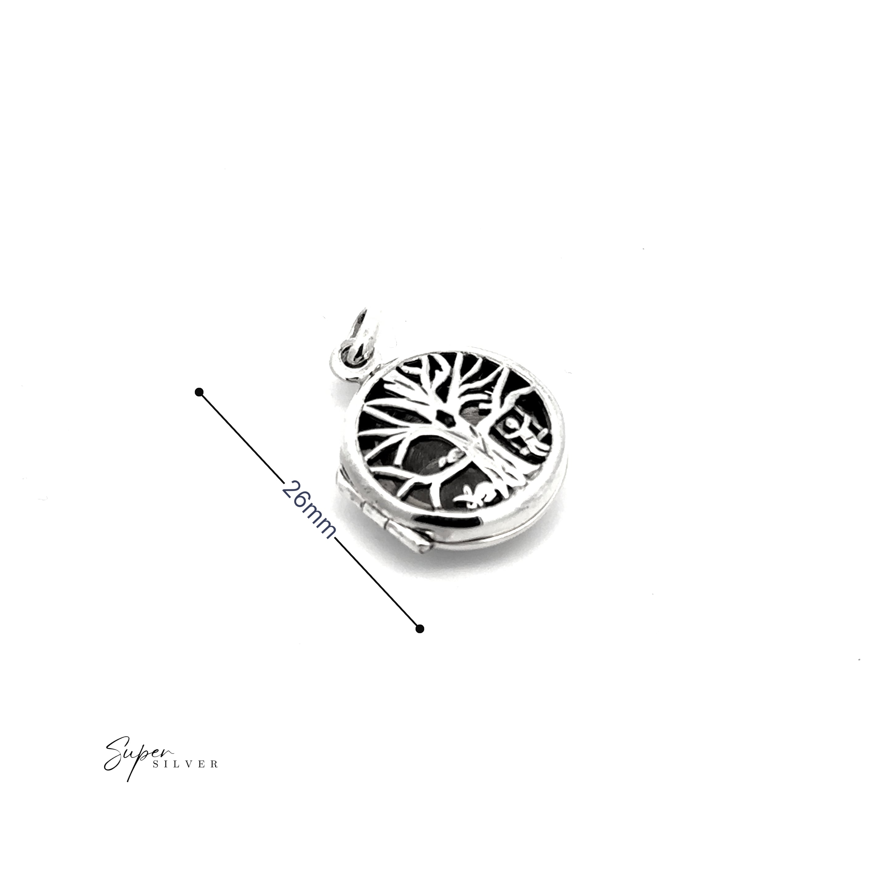 The Tree Locket with Swinging Child is a round .925 sterling silver pendant, 26mm in diameter, featuring a tree design on a white background—a timeless piece of jewelry to cherish.
