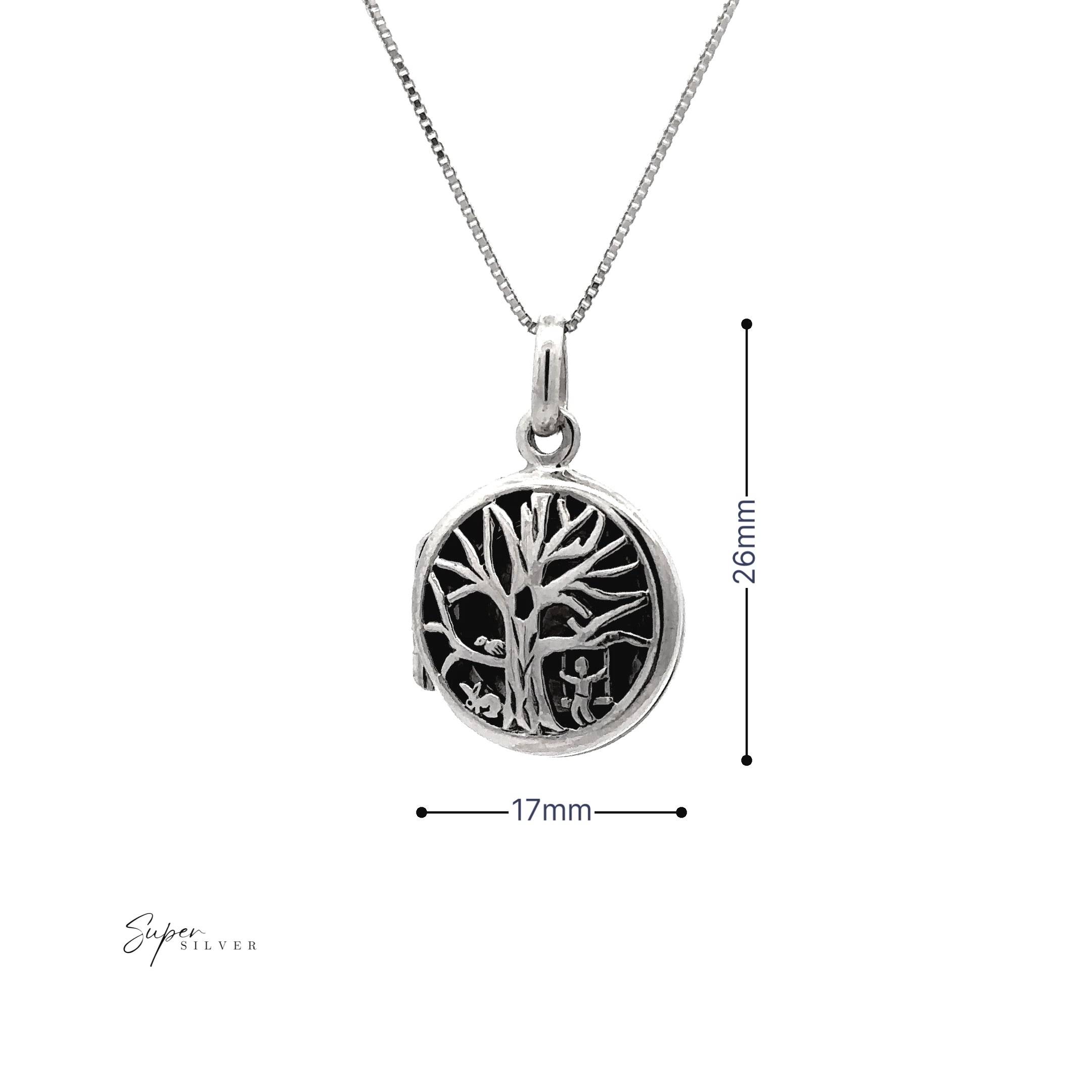 The Tree Locket with Swinging Child is a .925 sterling silver tree of life pendant necklace with a locket design, measuring 17mm wide by 26mm tall, shown against a plain white background.