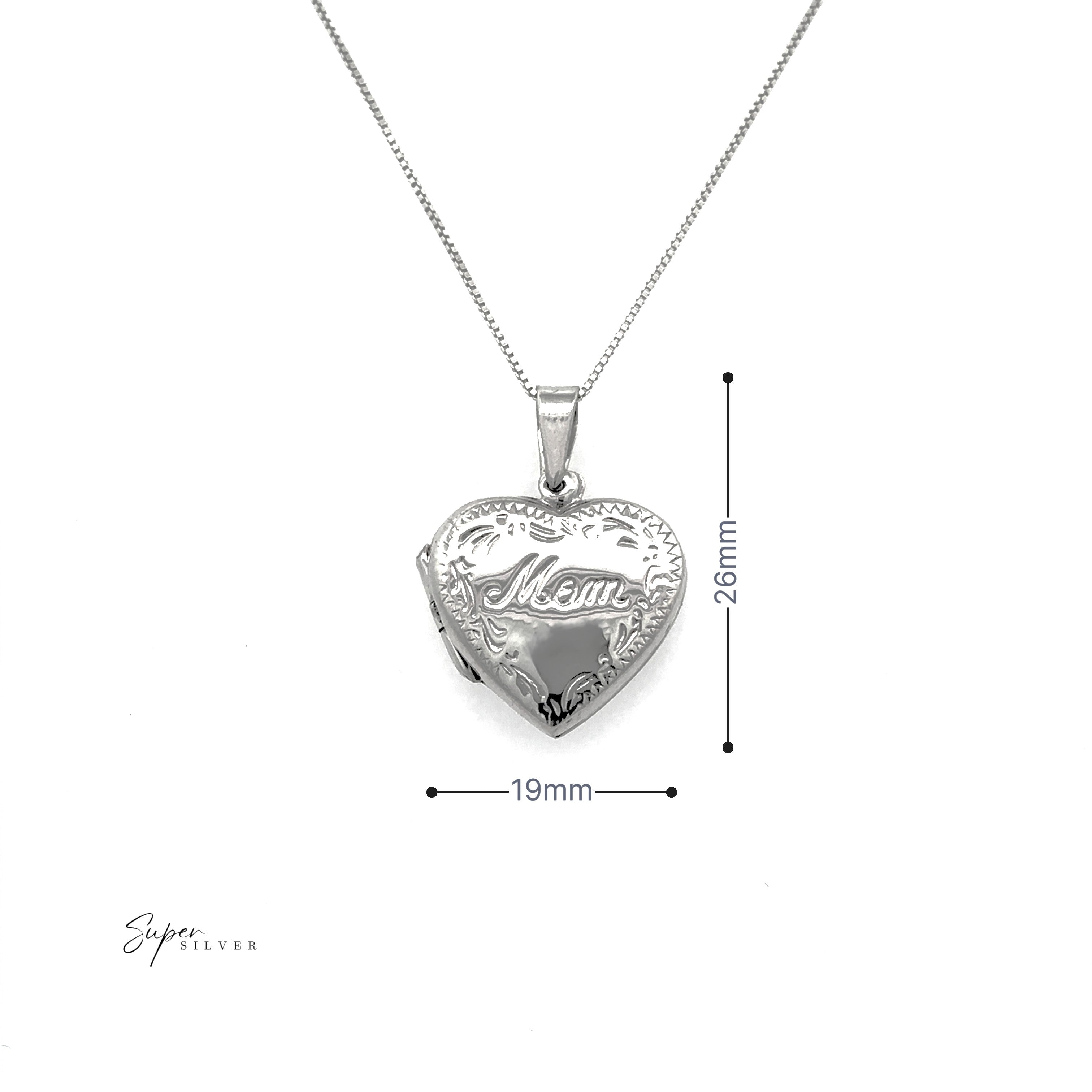 The Heart Shaped "Mom" Locket is a sterling silver pendant engraved with floral patterns and "Mum," perfect as a mom locket; it measures 26mm high by 19mm wide.