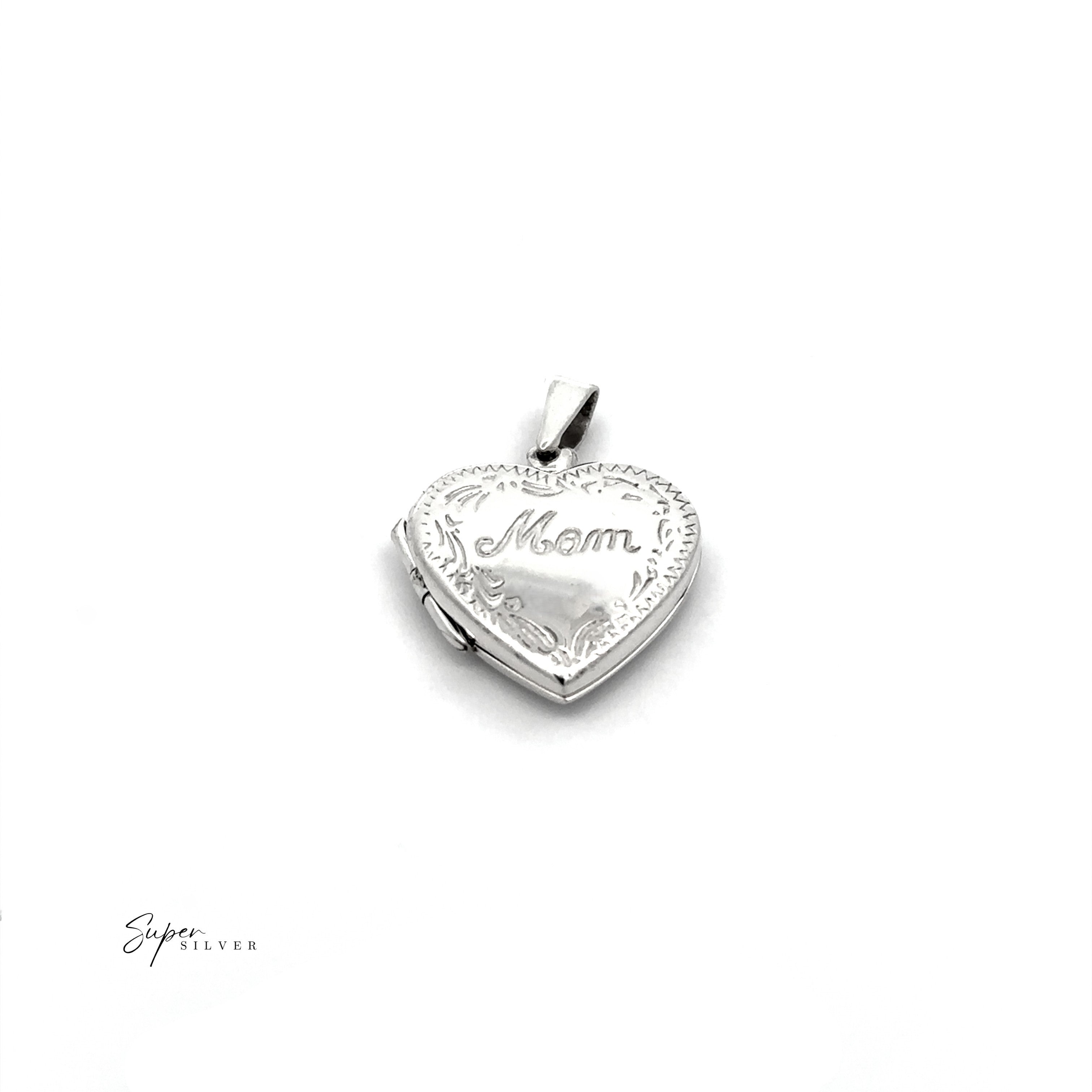The Heart Shaped "Mom" Locket, crafted in sterling silver and engraved with "Mom" on the front, is shown against a white background.