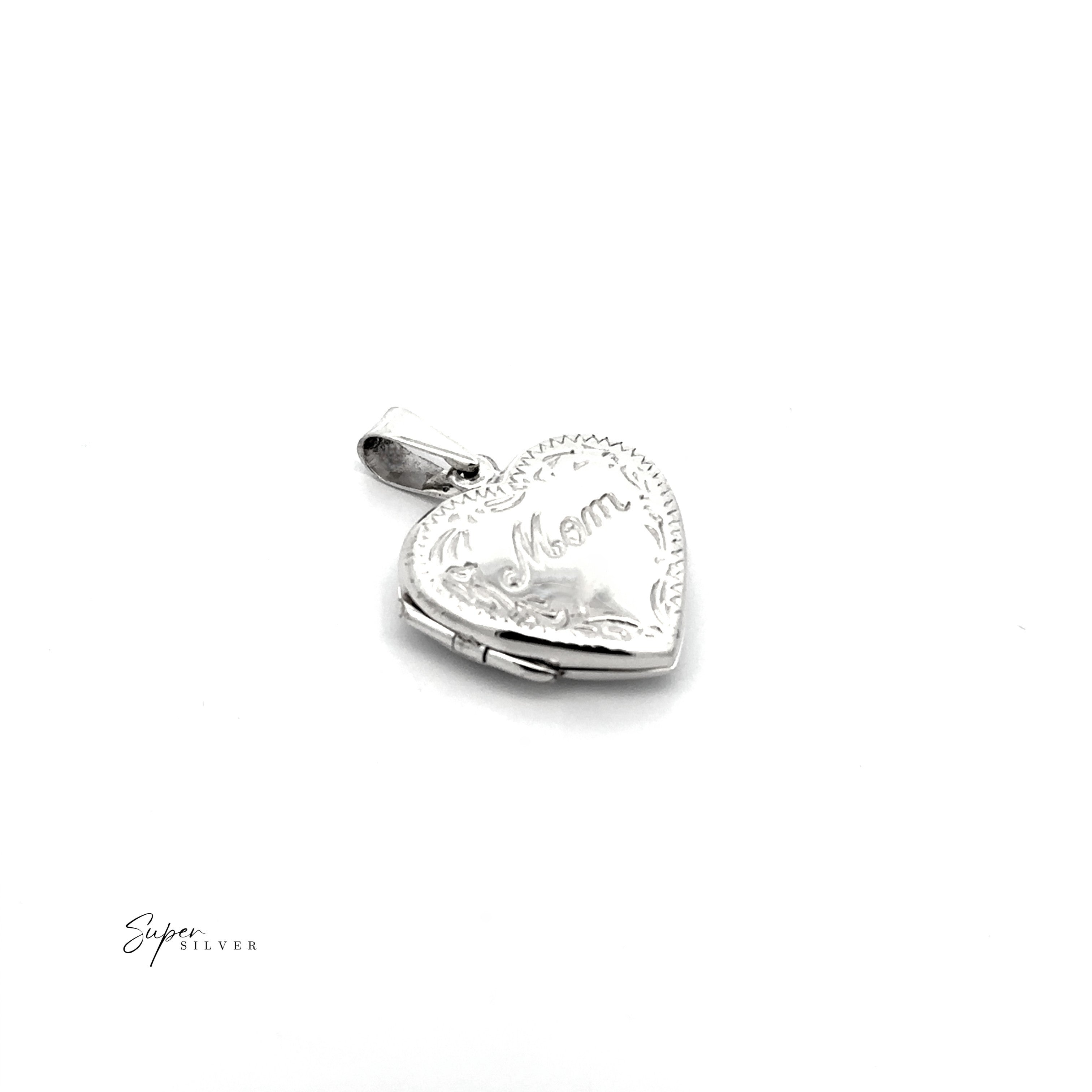 The Heart Shaped "Mom" Locket, crafted from sterling silver and engraved with "Mom" on the front, is displayed against a plain white background.