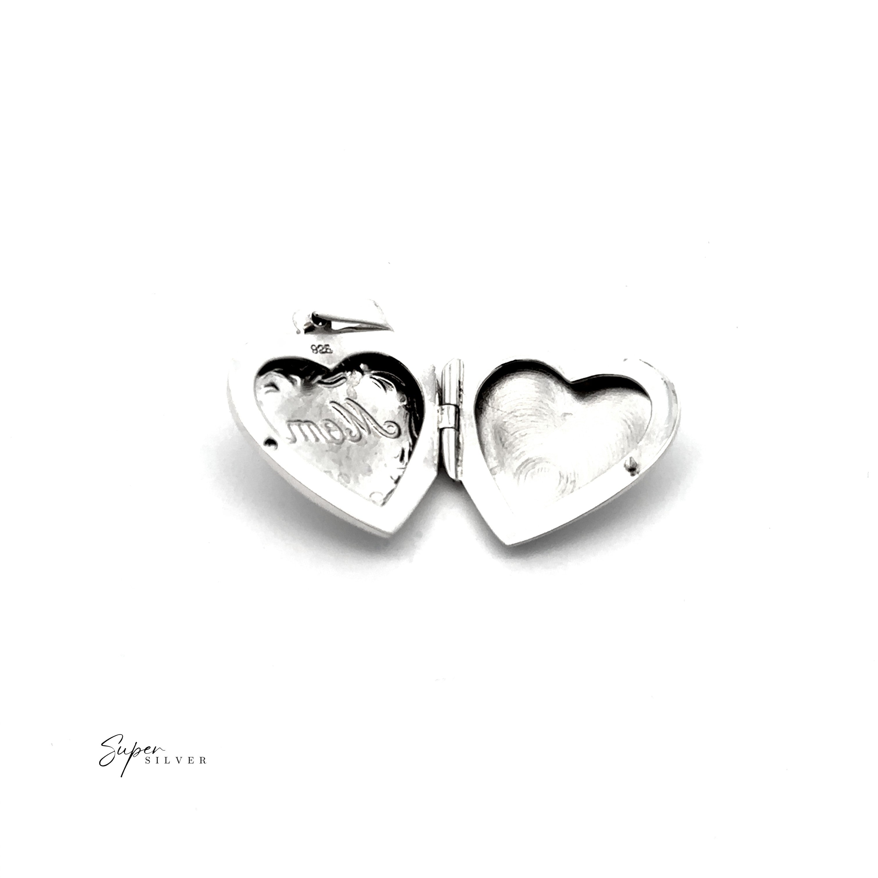 The Heart Shaped "Mom" Locket, crafted in sterling silver, features "mom" engraved on one side and the other side blank. It is elegantly displayed on a white background.