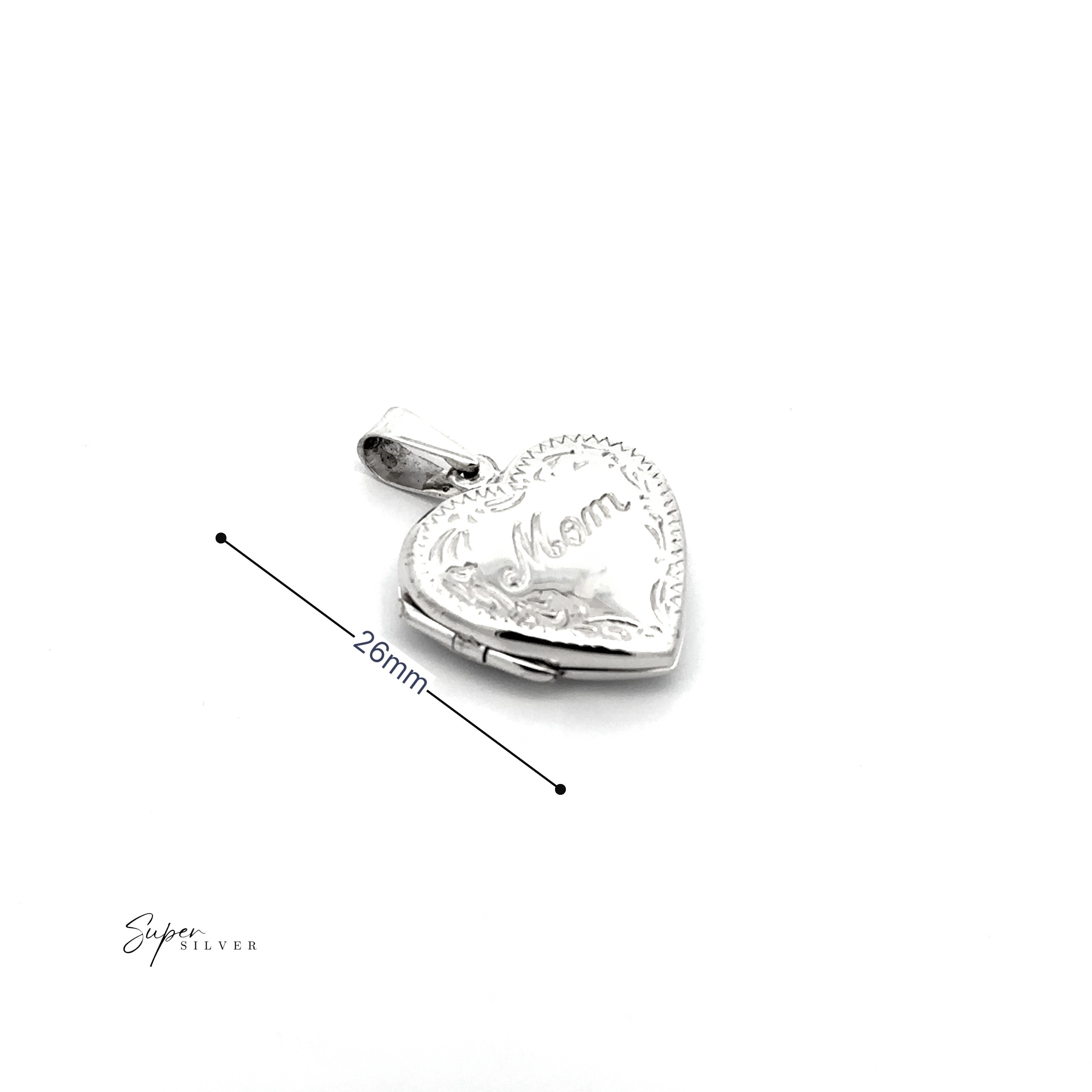 The Heart Shaped "Mom" Locket is a sterling silver pendant engraved with "Mom," shown at 26mm length with a measurement line.