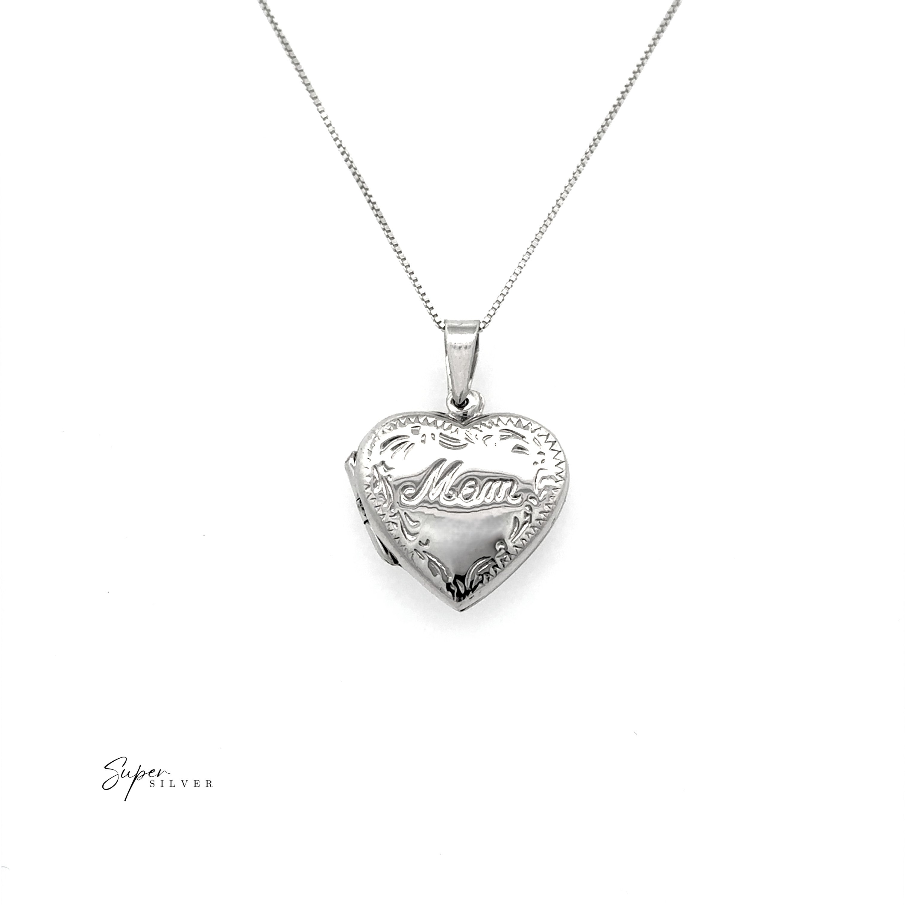 The Heart Shaped "Mom" Locket, crafted in sterling silver and engraved with "Mom" on the front, is displayed against a white background.