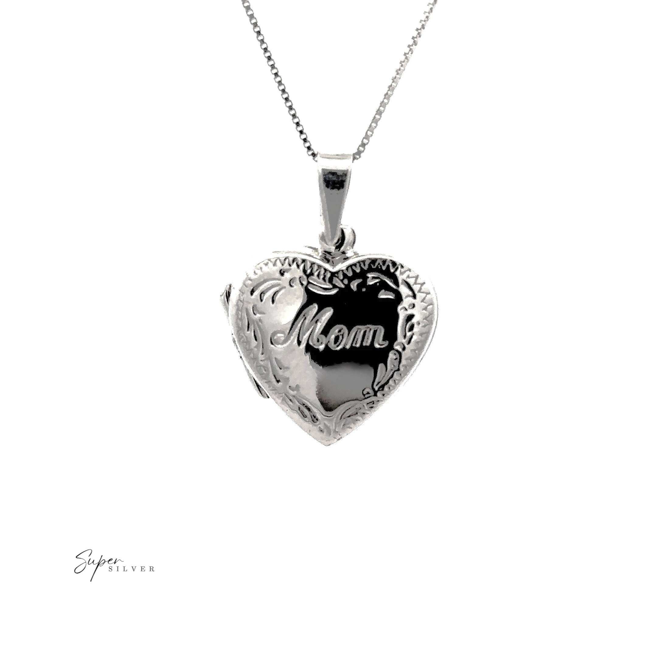 Heart Shaped "Mom" Locket: Sterling silver heart-shaped locket necklace engraved with "Mom" and floral accents, shown on a white background.