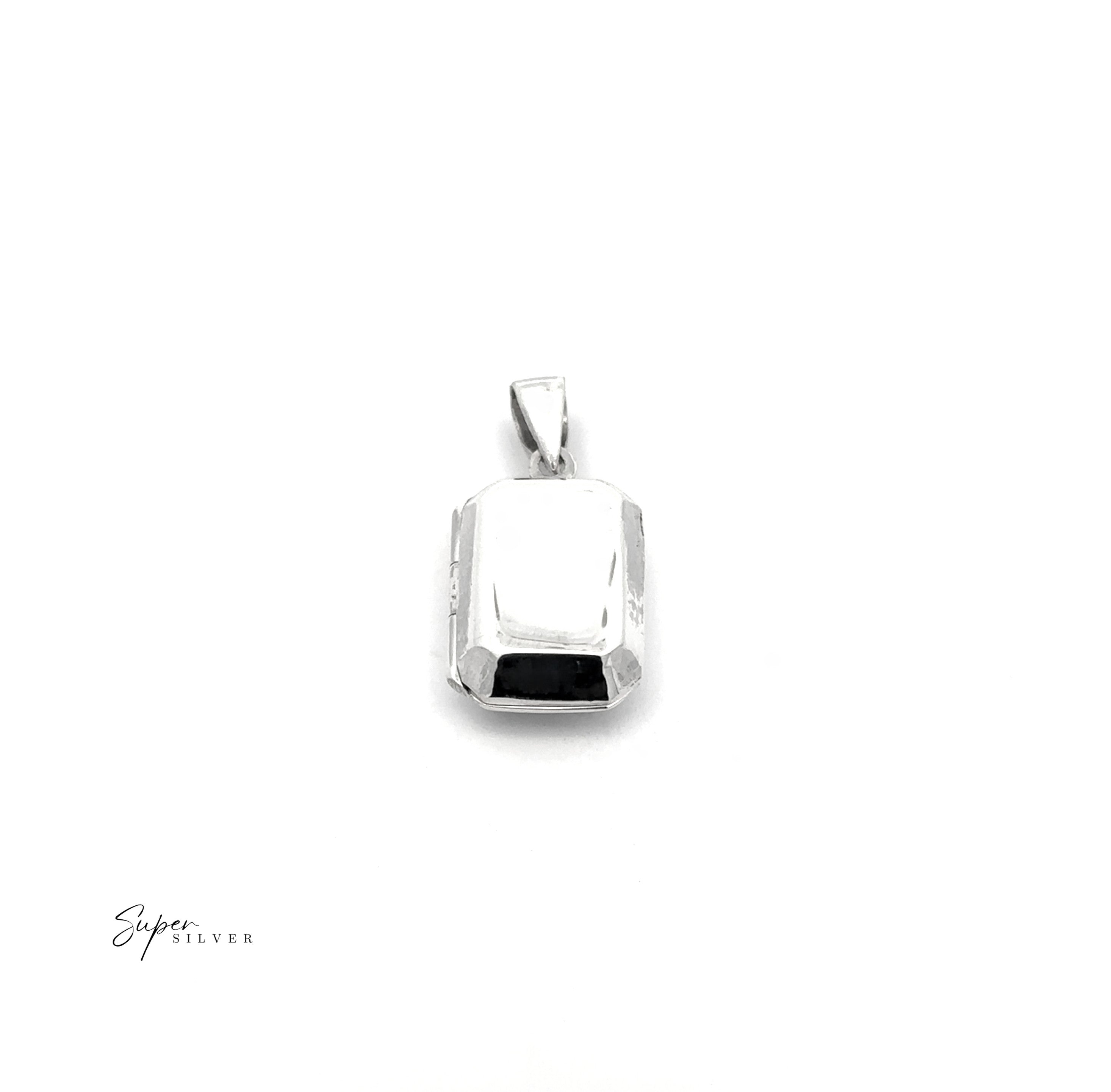 Beveled Edge Rectangular Locket with a faceted silver surface and triangular bail, shown on a white background. This minimalist piece shines in sterling silver. "Super Silver" logo appears at the bottom left corner.