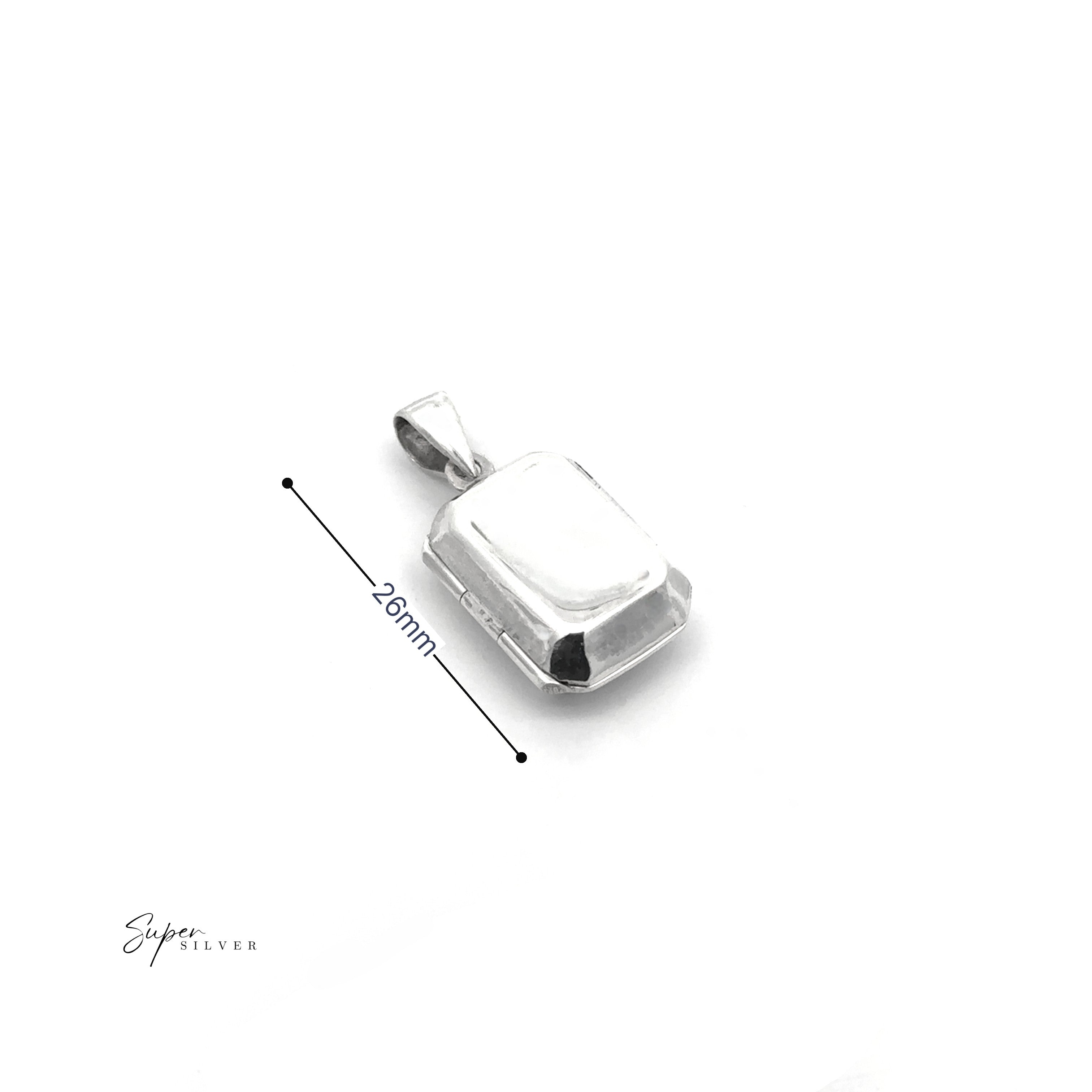 The Beveled Edge Rectangular Locket is a minimalist silver pendant, measuring 26mm in length as shown by a measurement line, and is displayed against a white background.