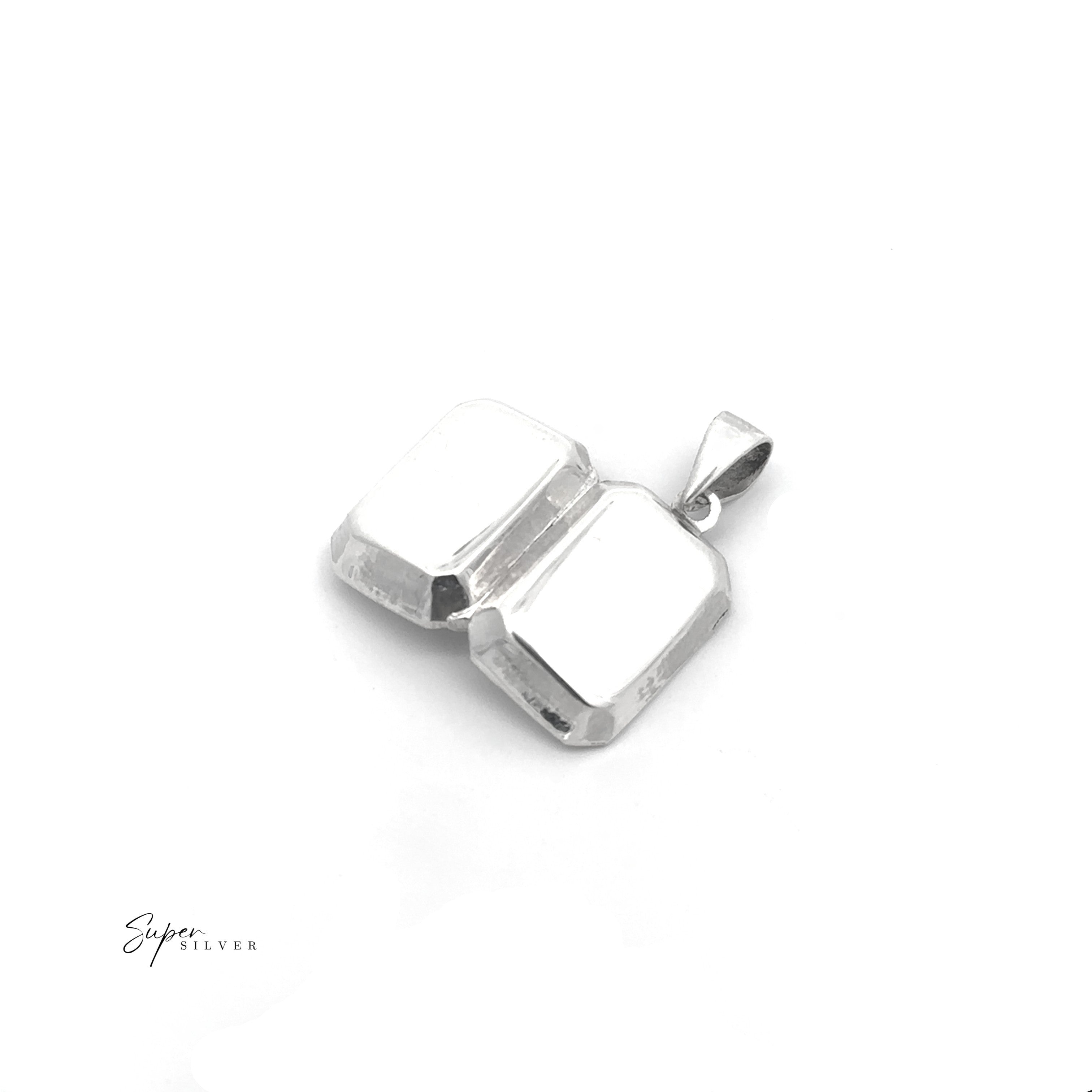 A Beveled Edge Rectangular Locket in sterling silver, shaped like an open book with a plain bail, displayed on a white background. The "Super Silver" logo appears in the lower left corner.