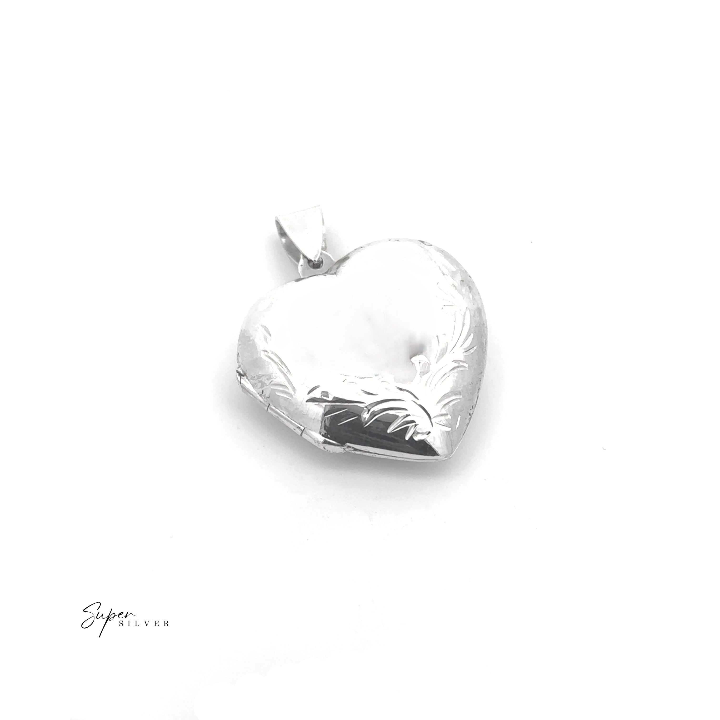 Heart Locket with Filigree Boarder—sterling silver, heart-shaped locket pendant featuring an engraved pattern on a white background. Ideal for personalization. “Super Silver” logo displayed in the bottom left corner.