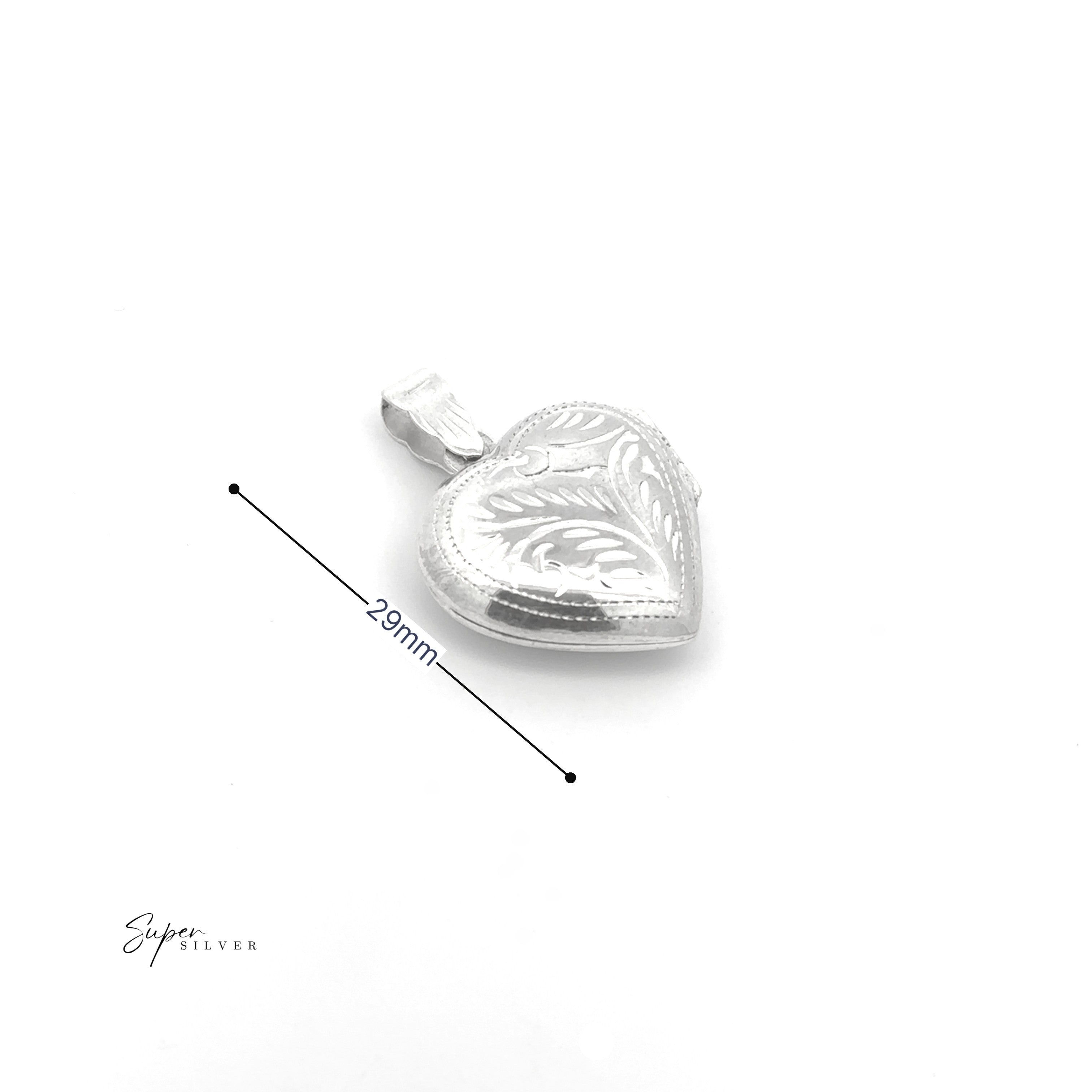 The Timeless Heart Locket is a sterling silver, heart-shaped pendant with vintage charm and an engraved leaf design, measuring 29mm in length and shown on a white background.