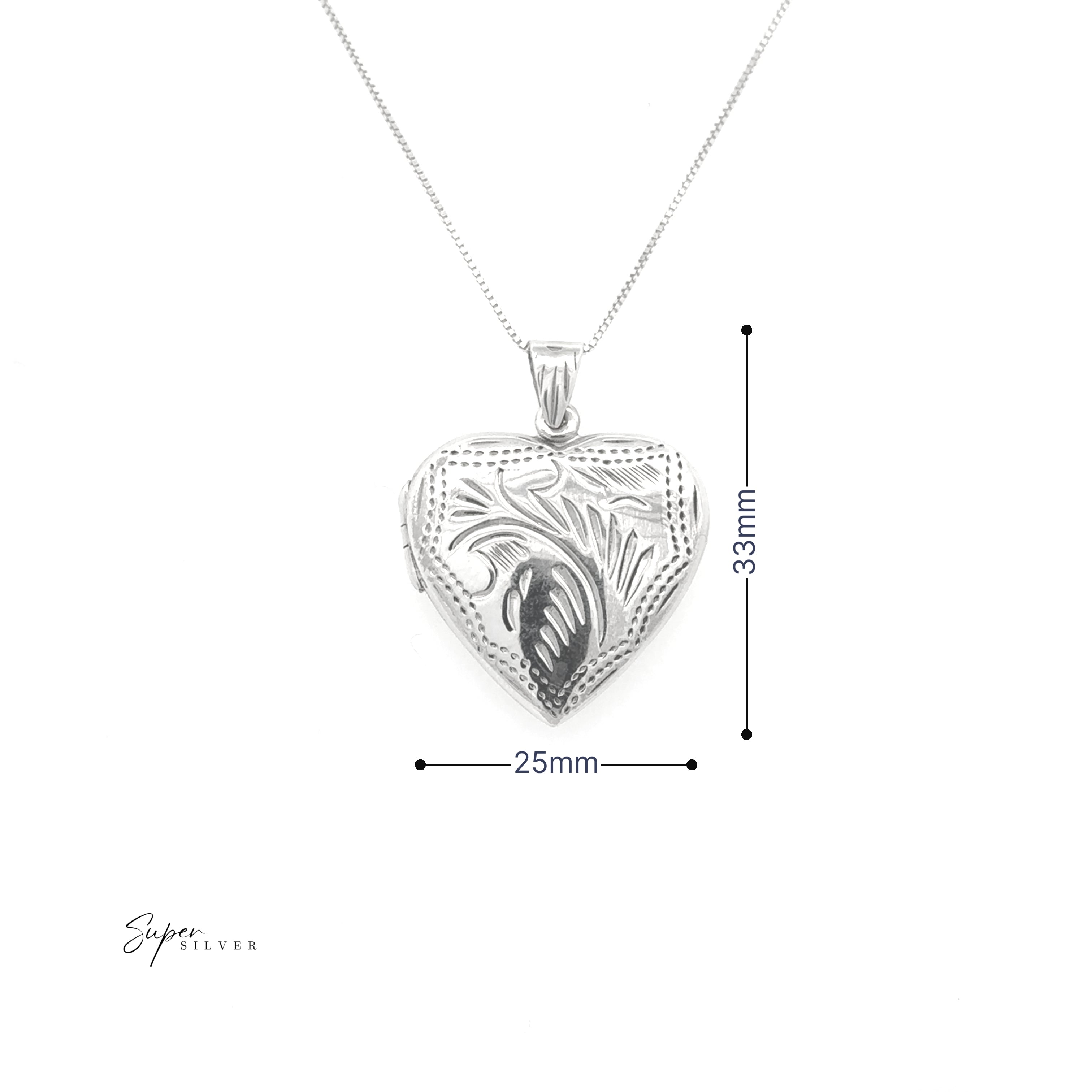 The Timeless Heart Locket features a sterling silver, heart-shaped pendant with an engraved leaf design on a fine chain, adding vintage charm. The locket measures 33mm tall and 25mm wide.