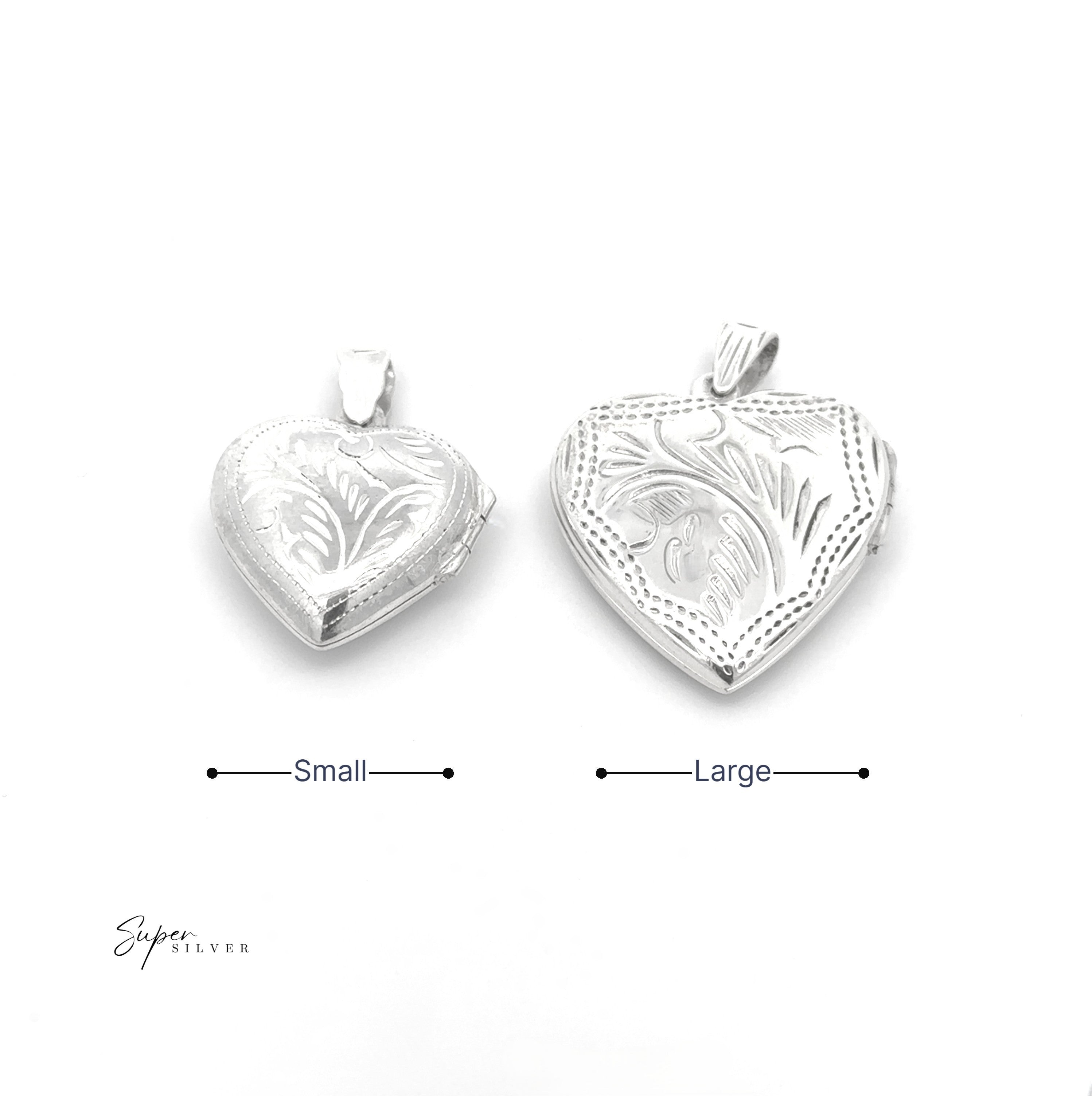 Two Timeless Heart Locket pendants, each sterling silver and heart-shaped with vintage engraving, are displayed side by side—small on the left, large on the right—against a white background.