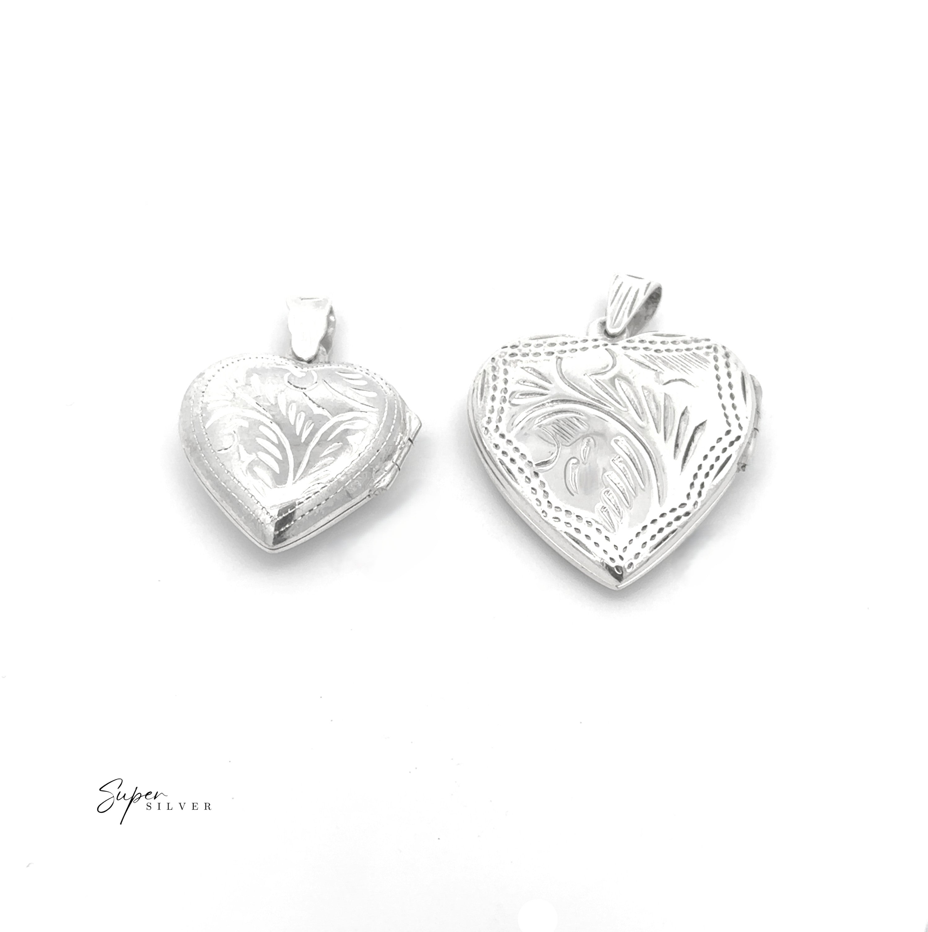 Two Timeless Heart Locket engraved sterling silver lockets are displayed on a white background, radiating vintage charm, with the "Super Silver" logo in the lower left corner.
