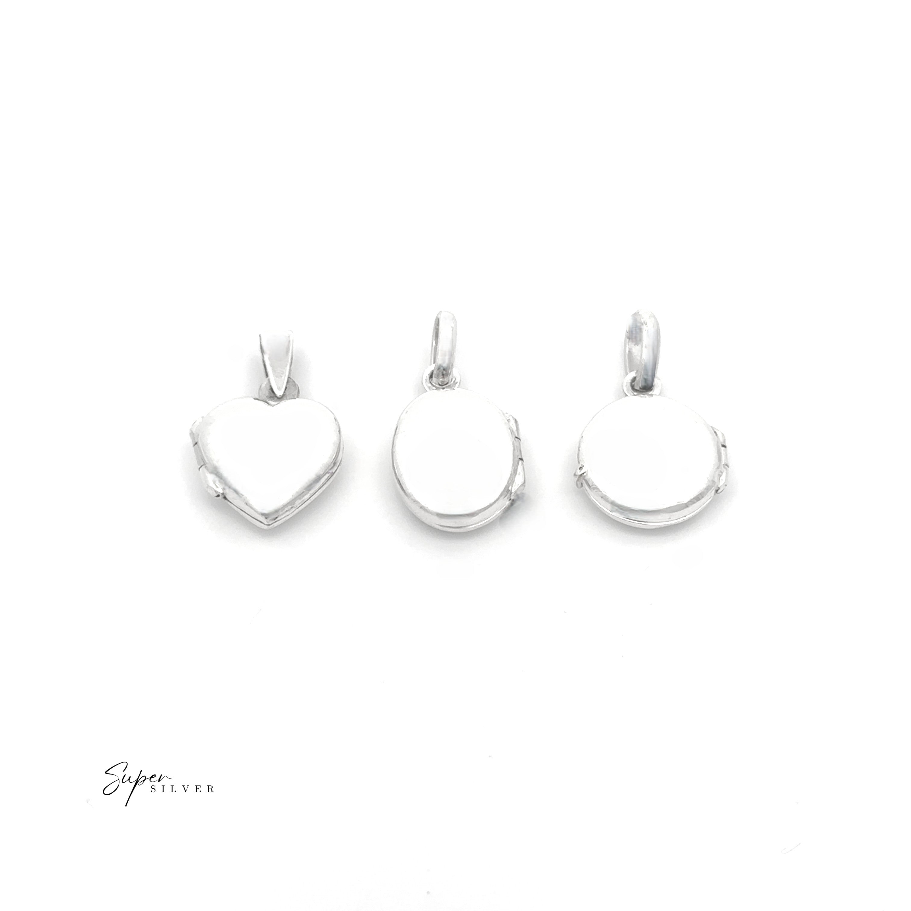 Three Simple Mini Lockets—heart, oval, and round—are displayed on a white background with the "Super Silver" logo in the bottom left. These plain sterling silver lockets are perfect for cherished keepsakes.