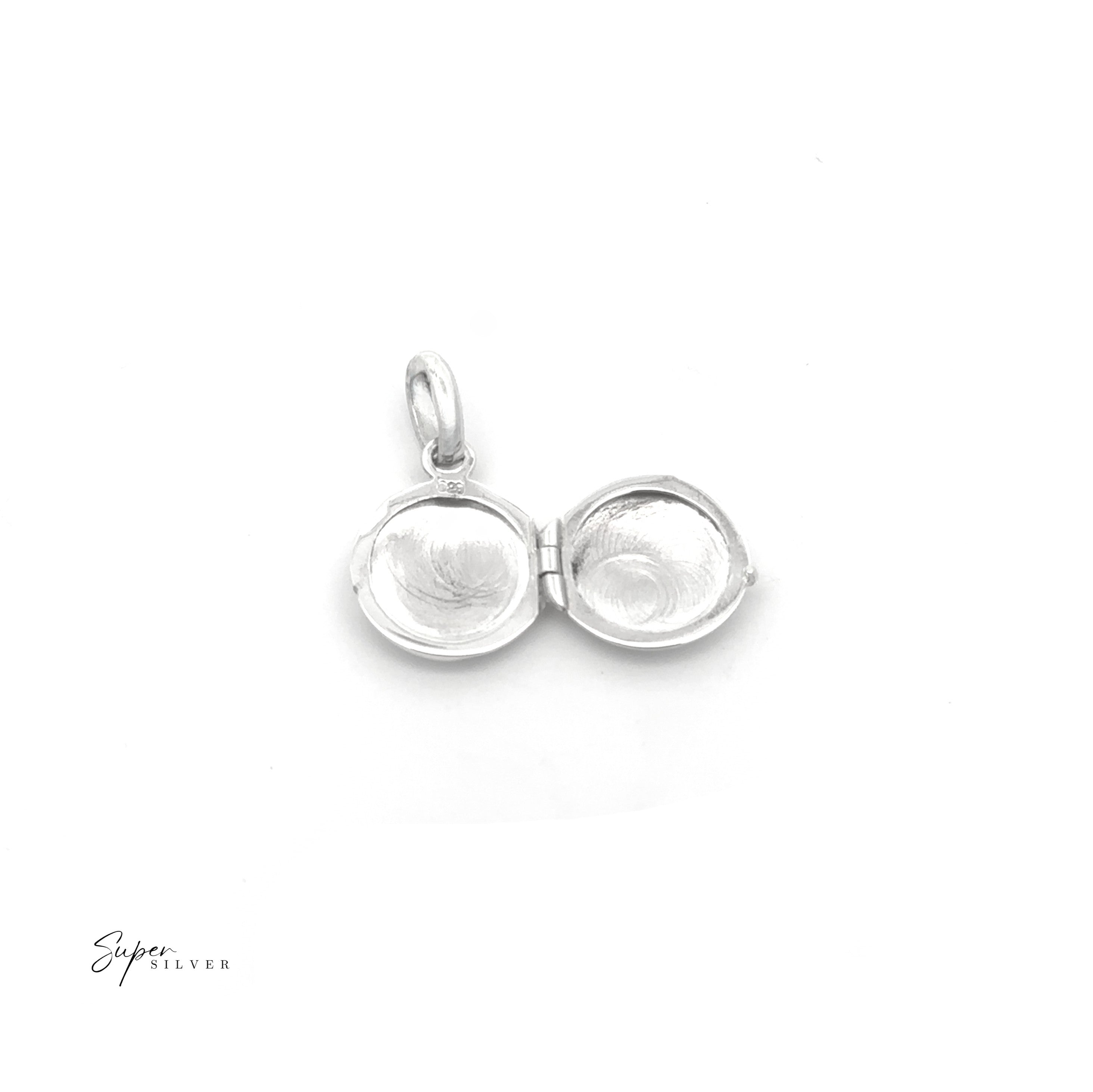 A Simple Mini Lobket in sterling silver is displayed open, showing two empty compartments for keepsakes. The background is plain white with "Super Silver" at the bottom left.