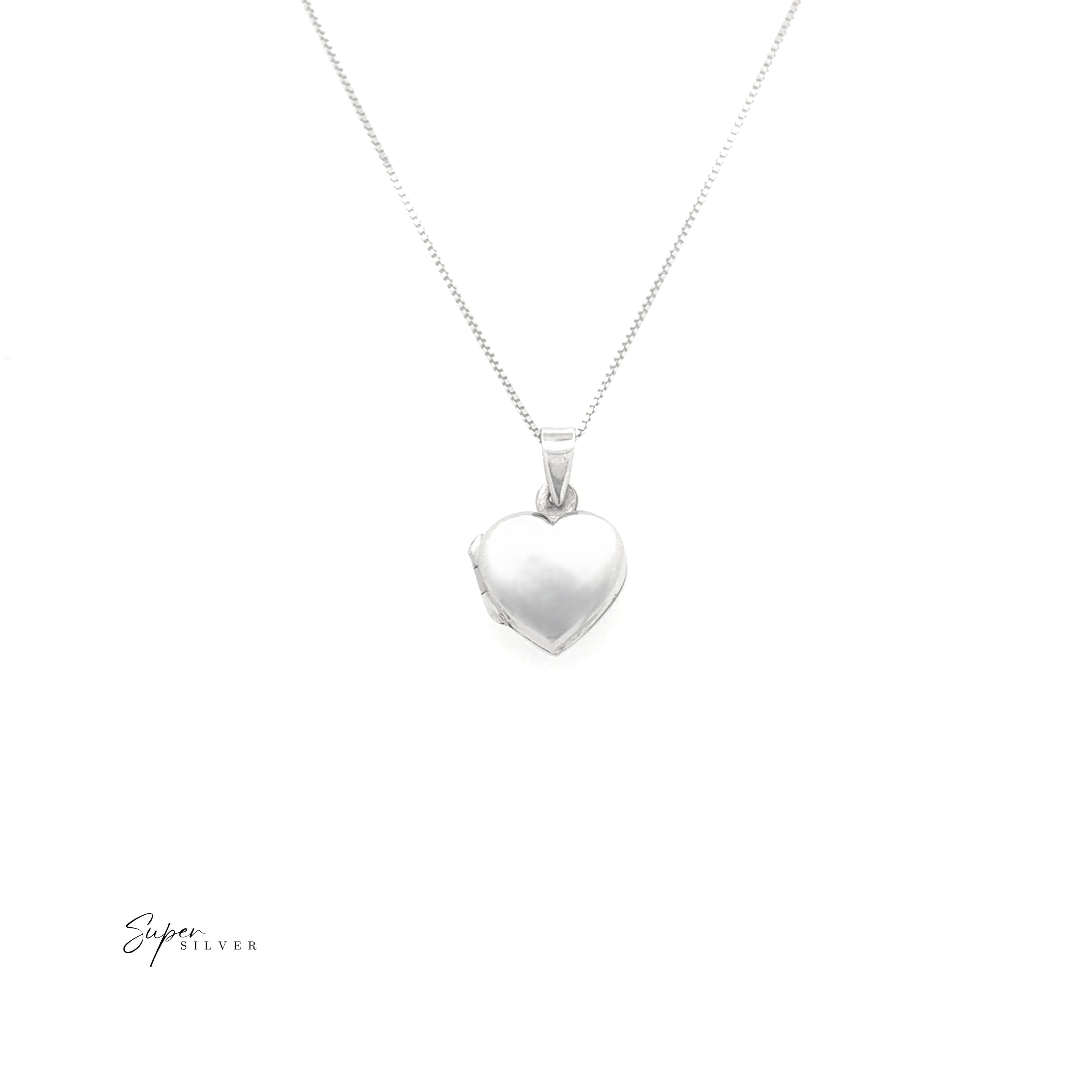The Simple Mini Lockets are sterling silver heart-shaped pendants on fine chains, ideal for keepsakes, shown against a white background with the Super Silver logo in the corner.