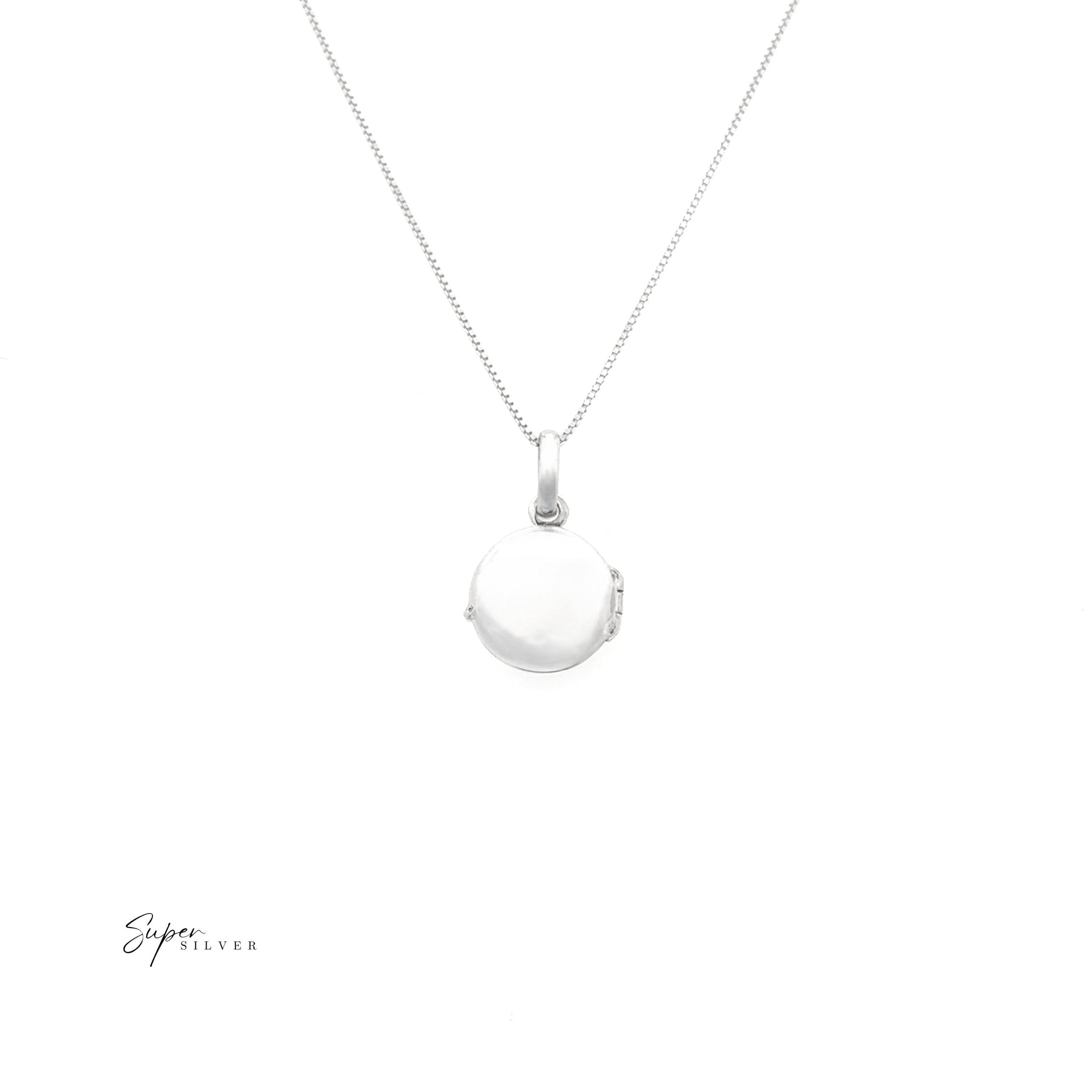 A Simple Mini Lockets pendant, crafted in sterling silver, hangs on a thin chain against a white background. The "Super Silver" text appears in the lower left. Ideal for keepsakes or mini locket enthusiasts.