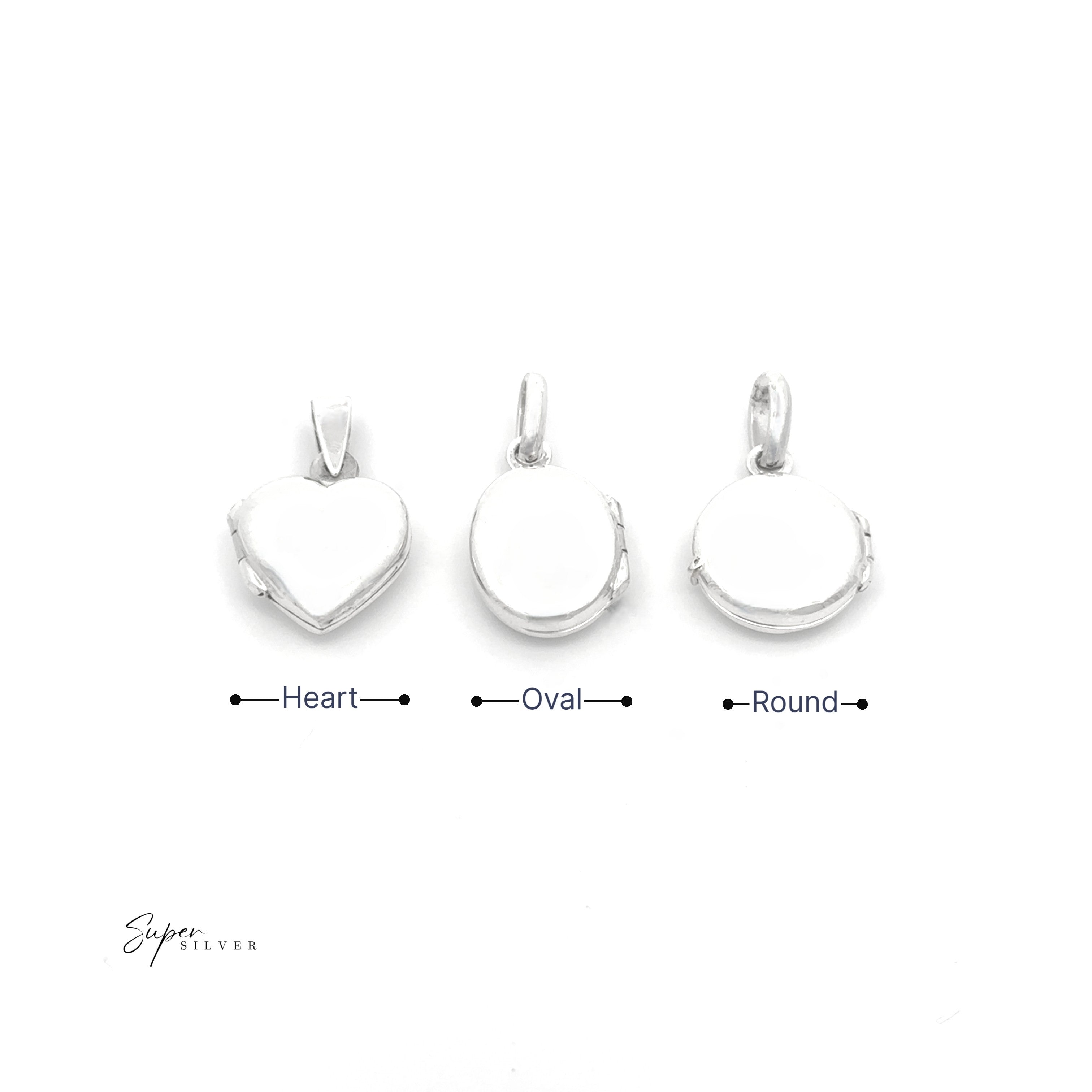 Simple Mini Lockets in heart, oval, and round shapes are shown side by side on a white background, each labeled by shape—sterling silver keepsakes ideal for storing treasured memories.