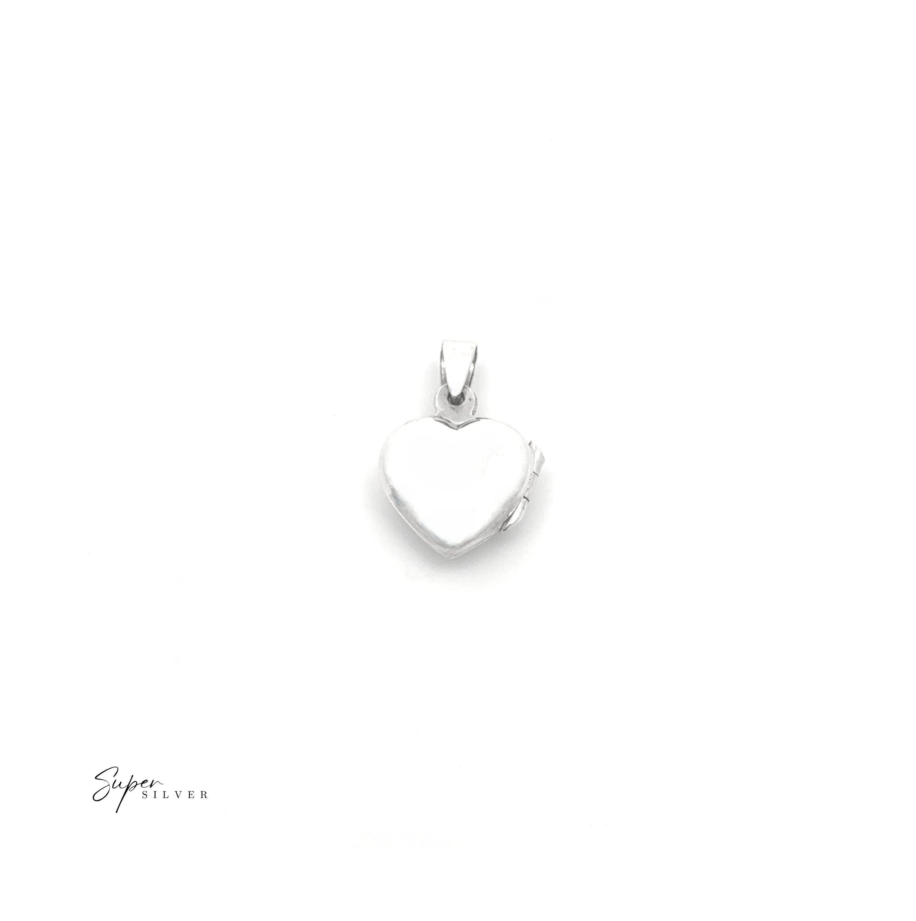 Simple Mini Lockets: a silver heart-shaped pendant shown on a plain white background with "Super Silver" branding—an ideal keepsake for treasured memories.
