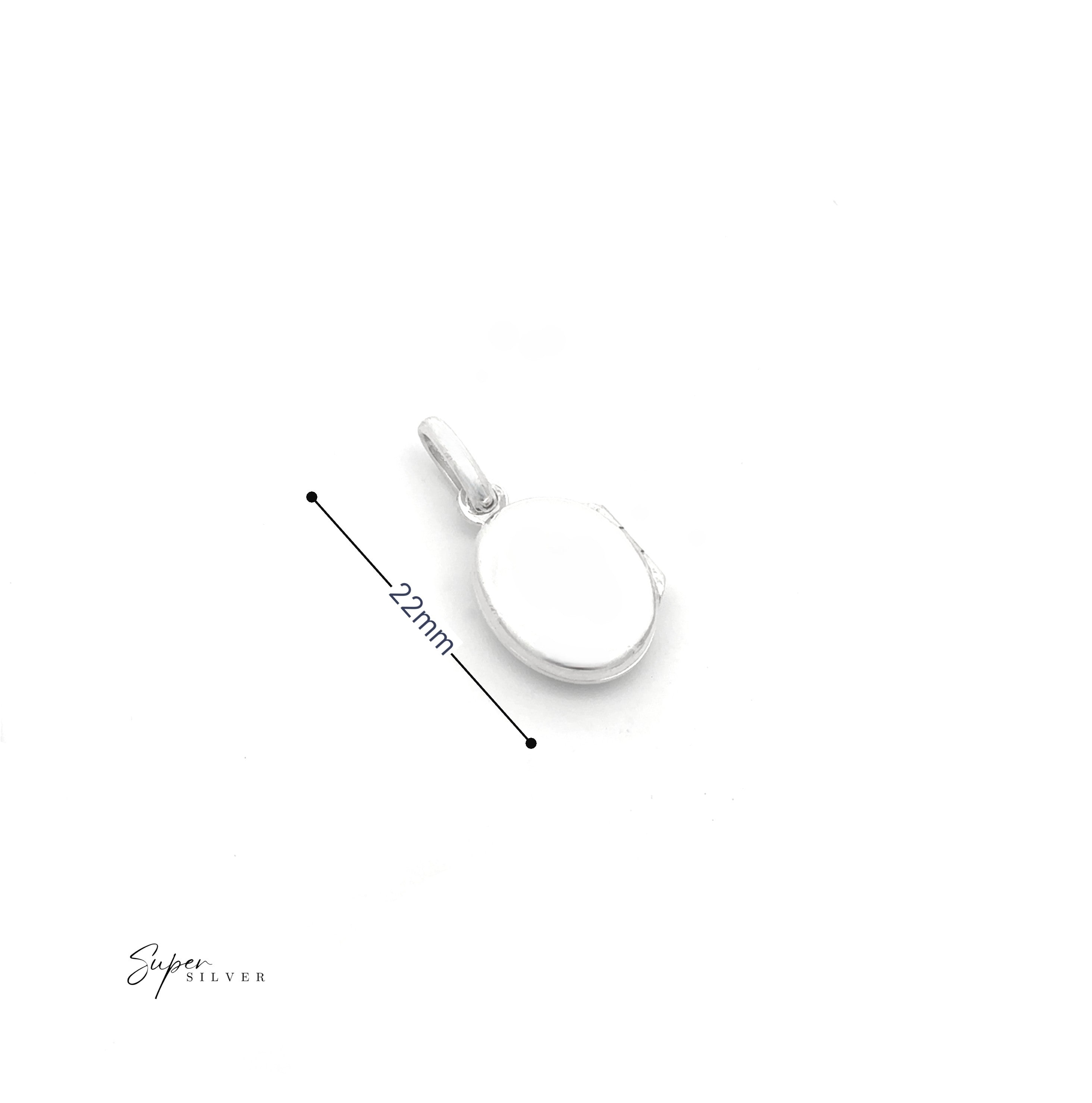 Simple Mini Lockets: an oval-shaped sterling silver pendant measuring 22mm in length, shown with a size guide and "Super Silver" branding—ideal for keepsakes or mini lockets.