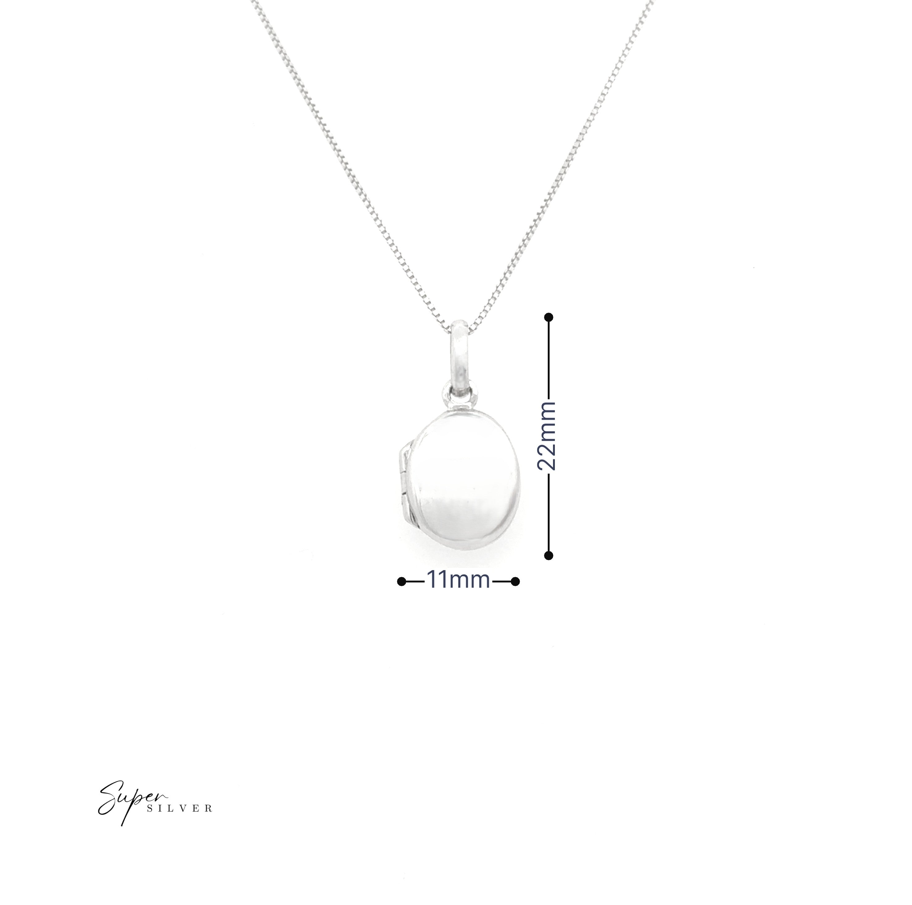 The Simple Mini Lockets feature a silver pendant necklace with an oval-shaped Sterling Silver setting, measuring 22mm tall by 11mm wide. "Super Silver" text logo appears in the bottom left—ideal for keepsakes or as elegant mini lockets.