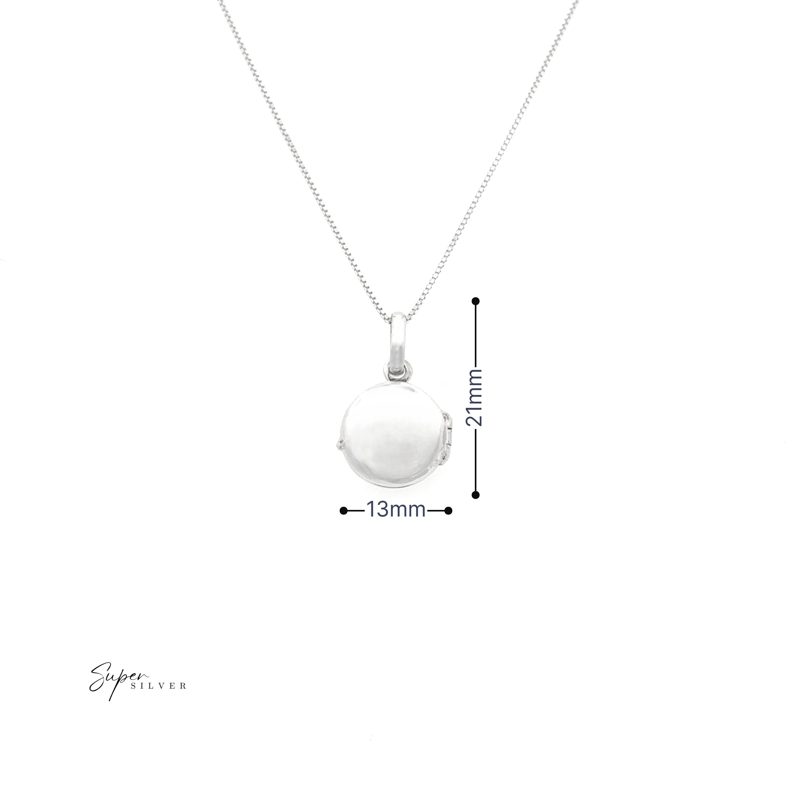 The Simple Mini Lockets necklace features a sterling silver round pendant (13mm wide, 21mm tall) on a white background—ideal for keepsakes or as an elegant mini locket.