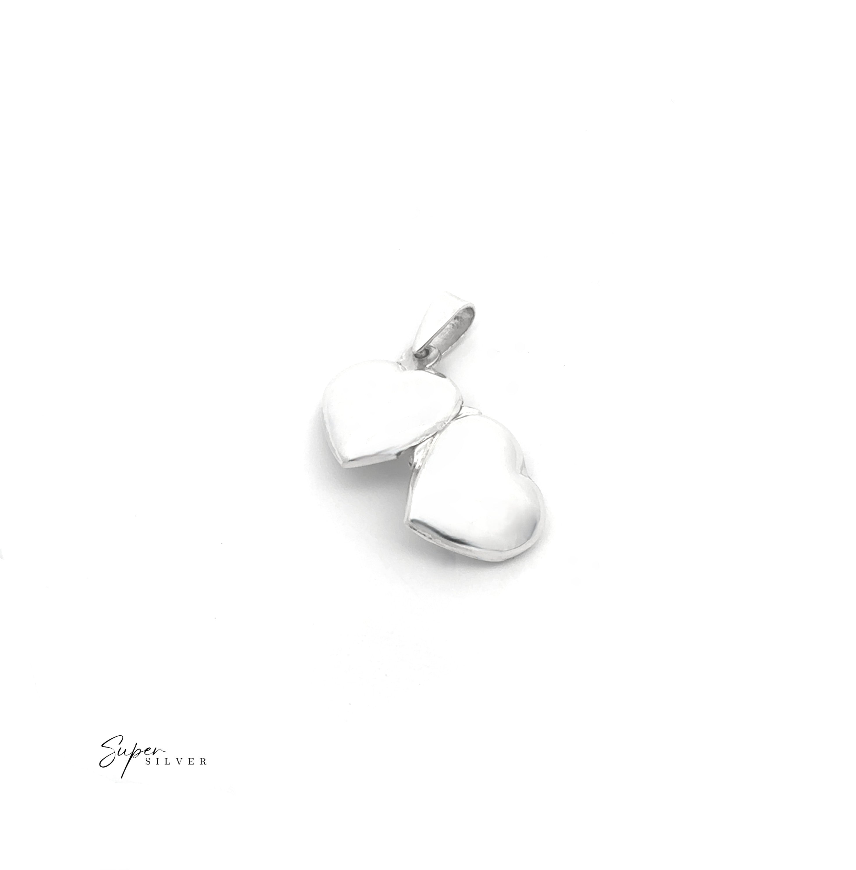 The Simple Mini Lockets, made of sterling silver in a double heart-shaped pendant design, are showcased on a white background with a small "Super Silver" logo in the corner—ideal for storing keepsakes.
