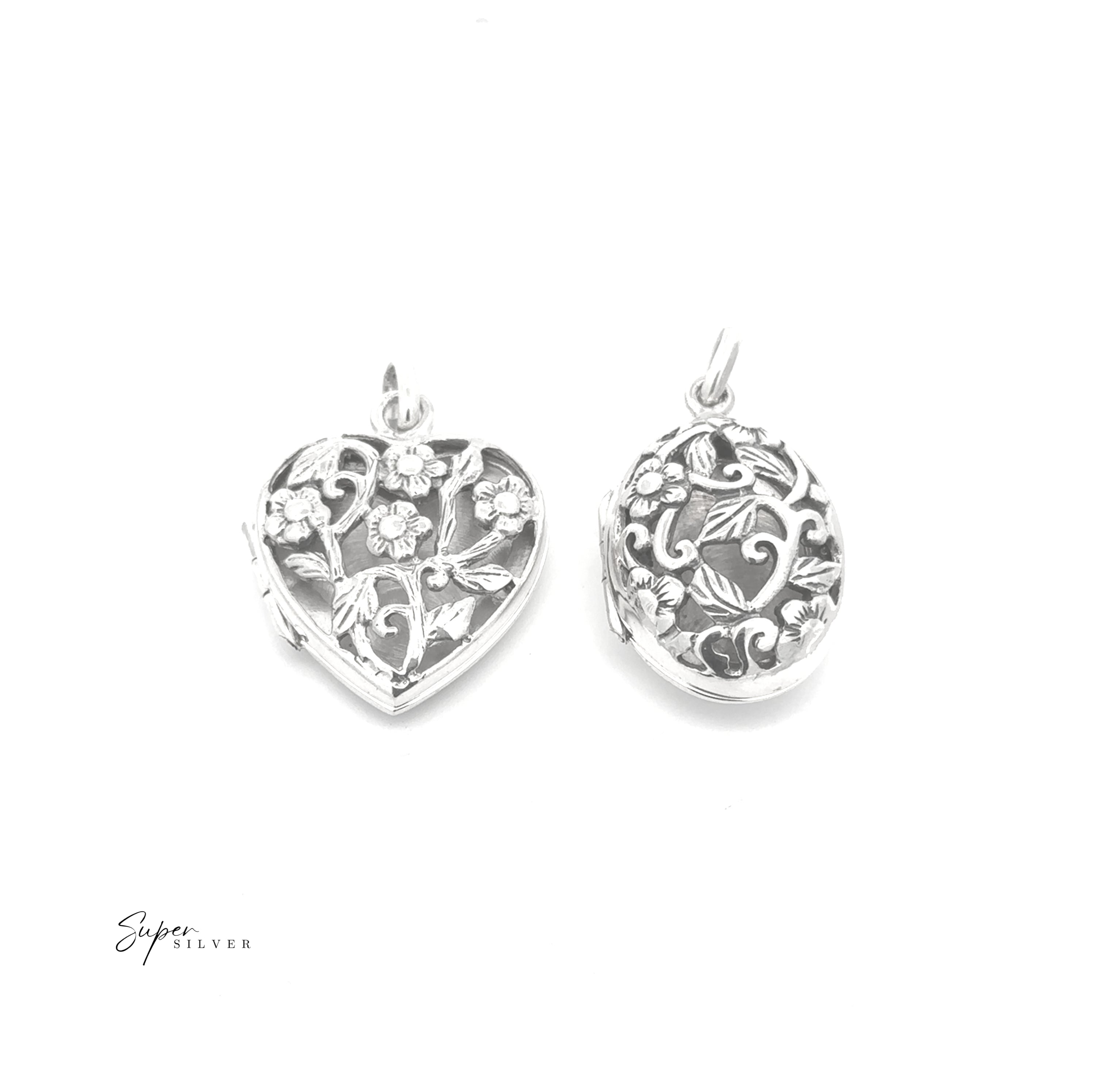 Floral Open Lockets in sterling silver—one heart-shaped, one oval—feature detailed floral and leaf designs, elegantly showcased on a white background.