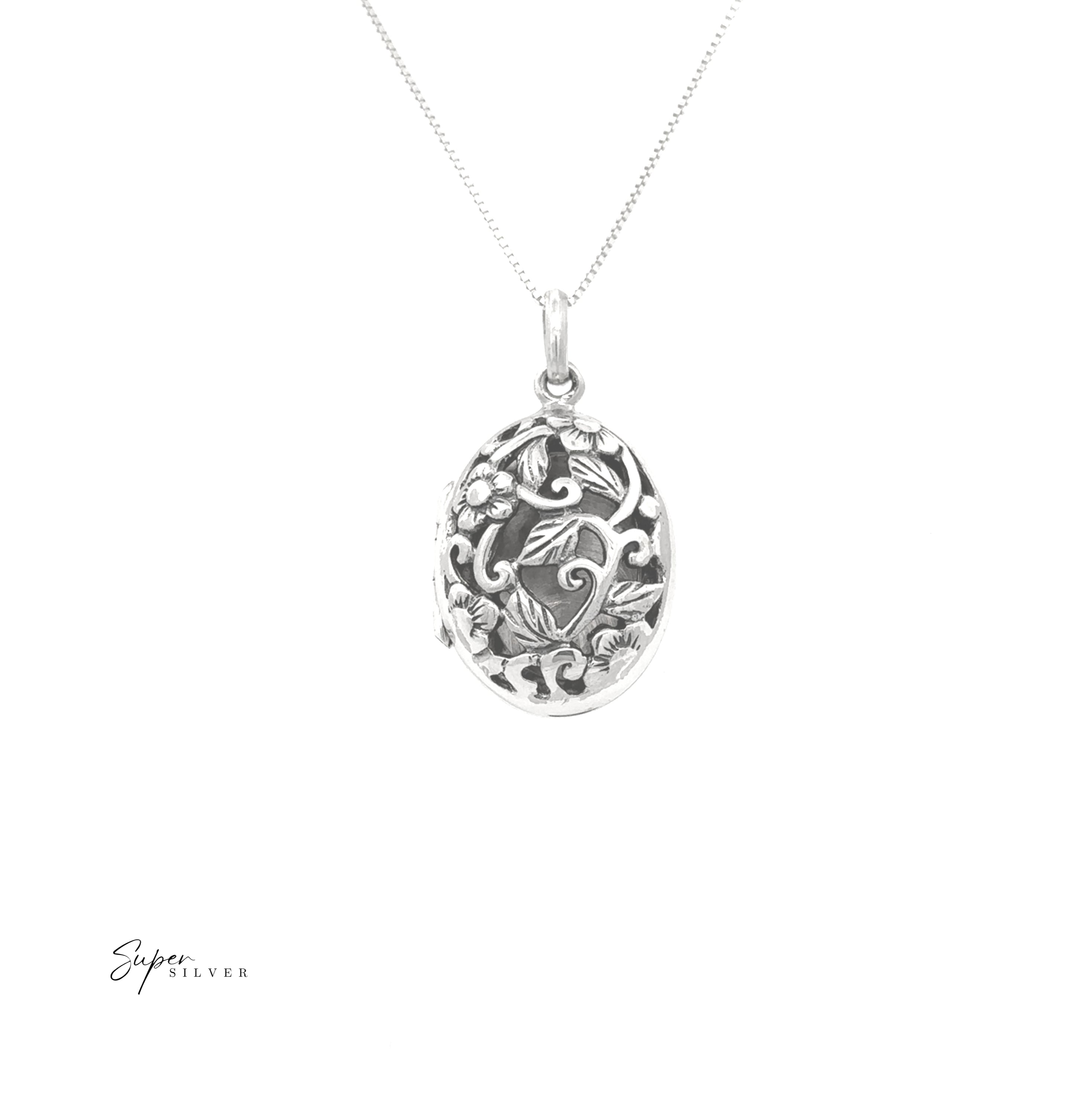 Floral Open Lockets: Oval vintage locket necklace in sterling silver featuring an intricate floral and vine design, displayed on a thin chain against a plain white background.